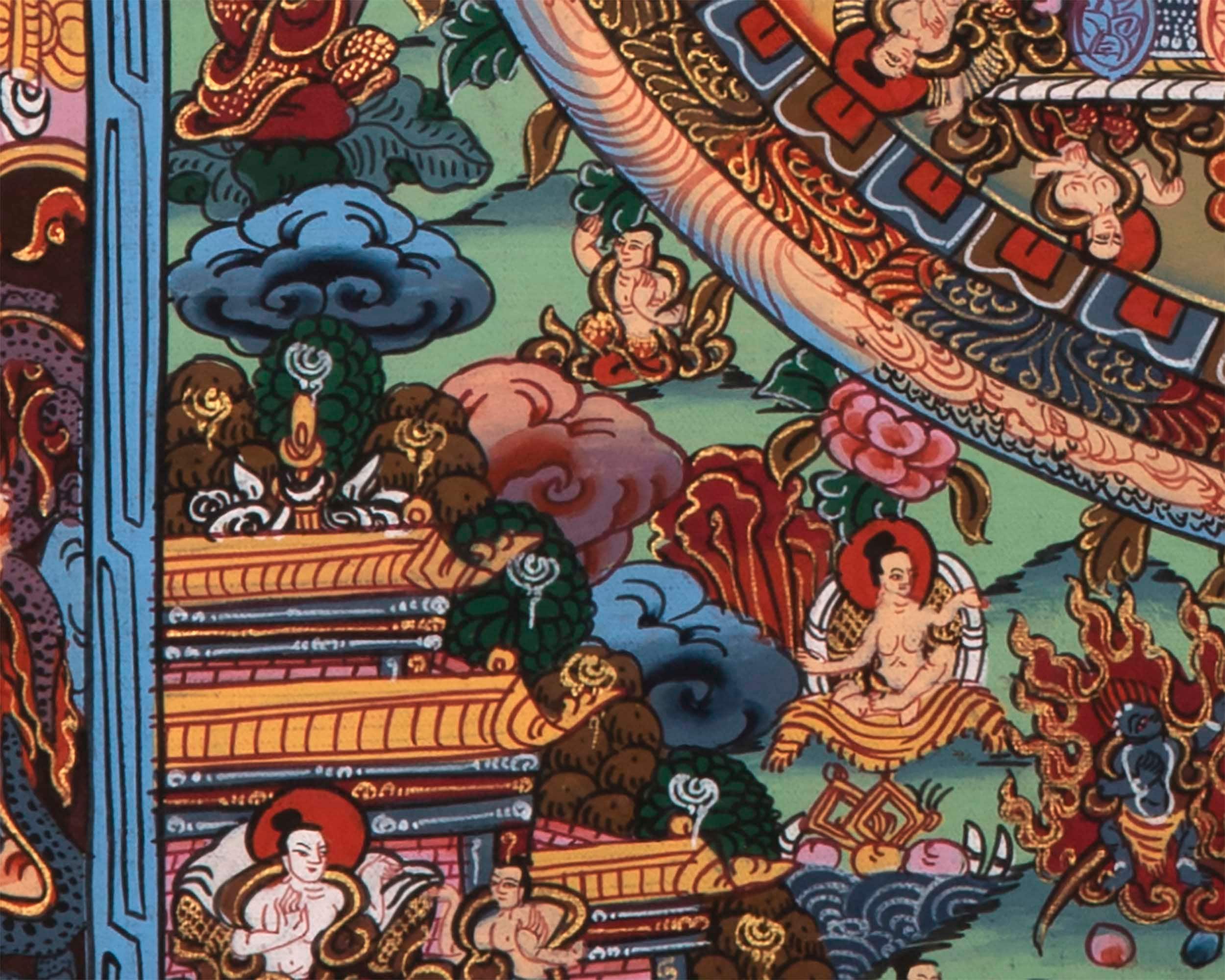 Gold Buddha Mandala Thangka | Original Hand Painted Small Sized Buddhist Thangka | Tibetan Wall Decoration Painting | 43x33 CMS