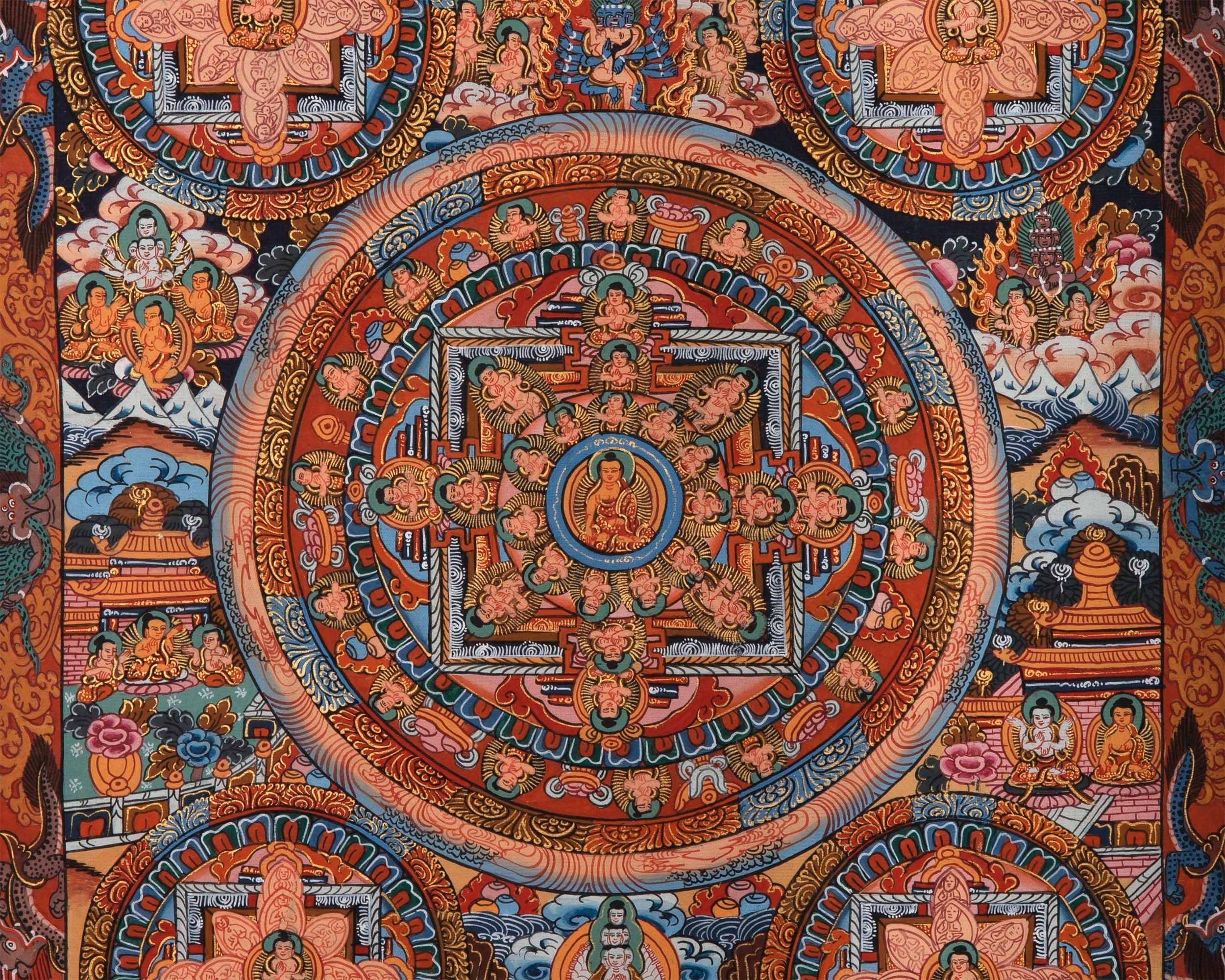 Five Round Mandala Thangka | Wall Decoration Painting for Meditation