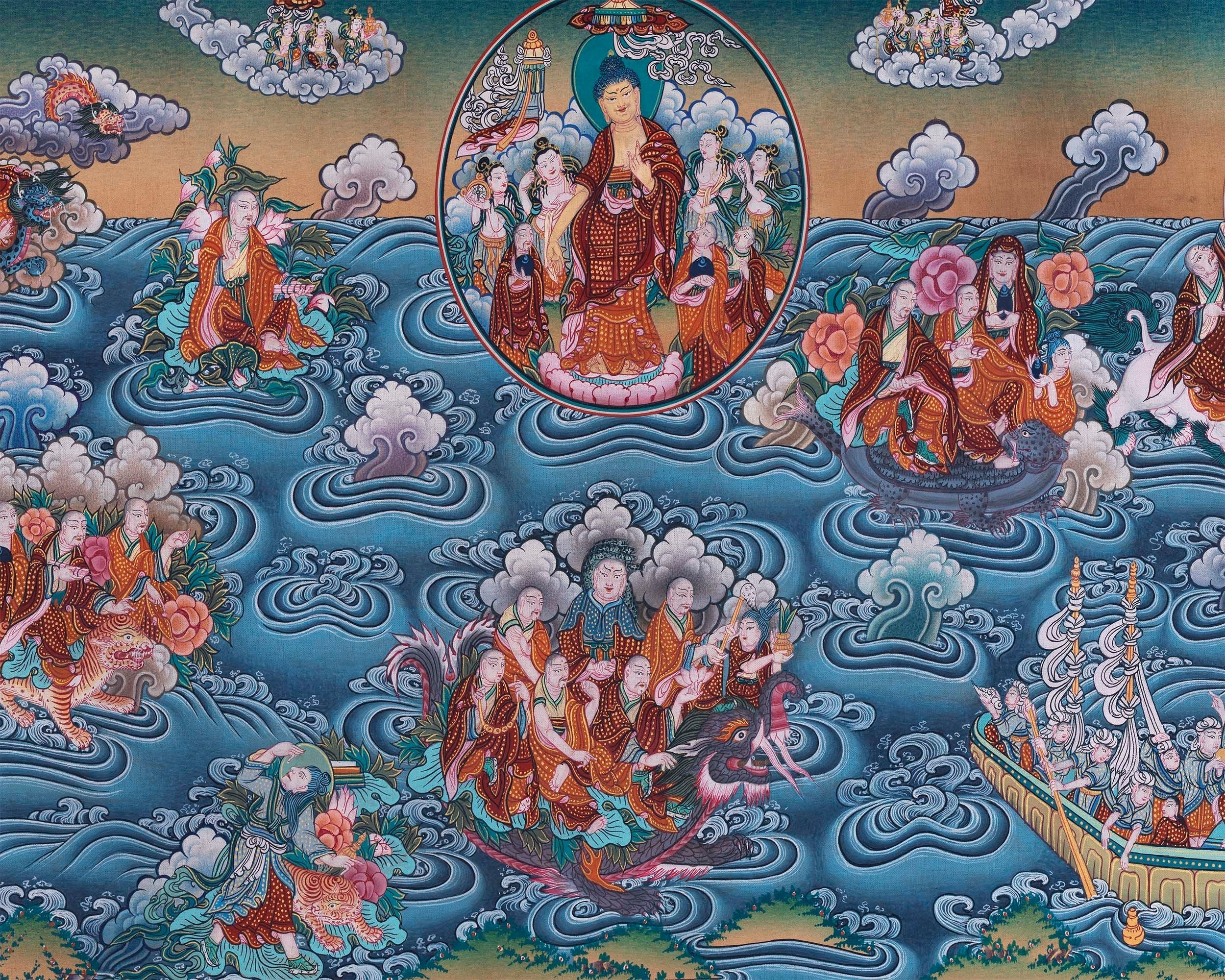Buddha with 16 Arthats Thangka | Original Hand Painted Tibetan Wall hanging Decoration for Peace | Landscape Art