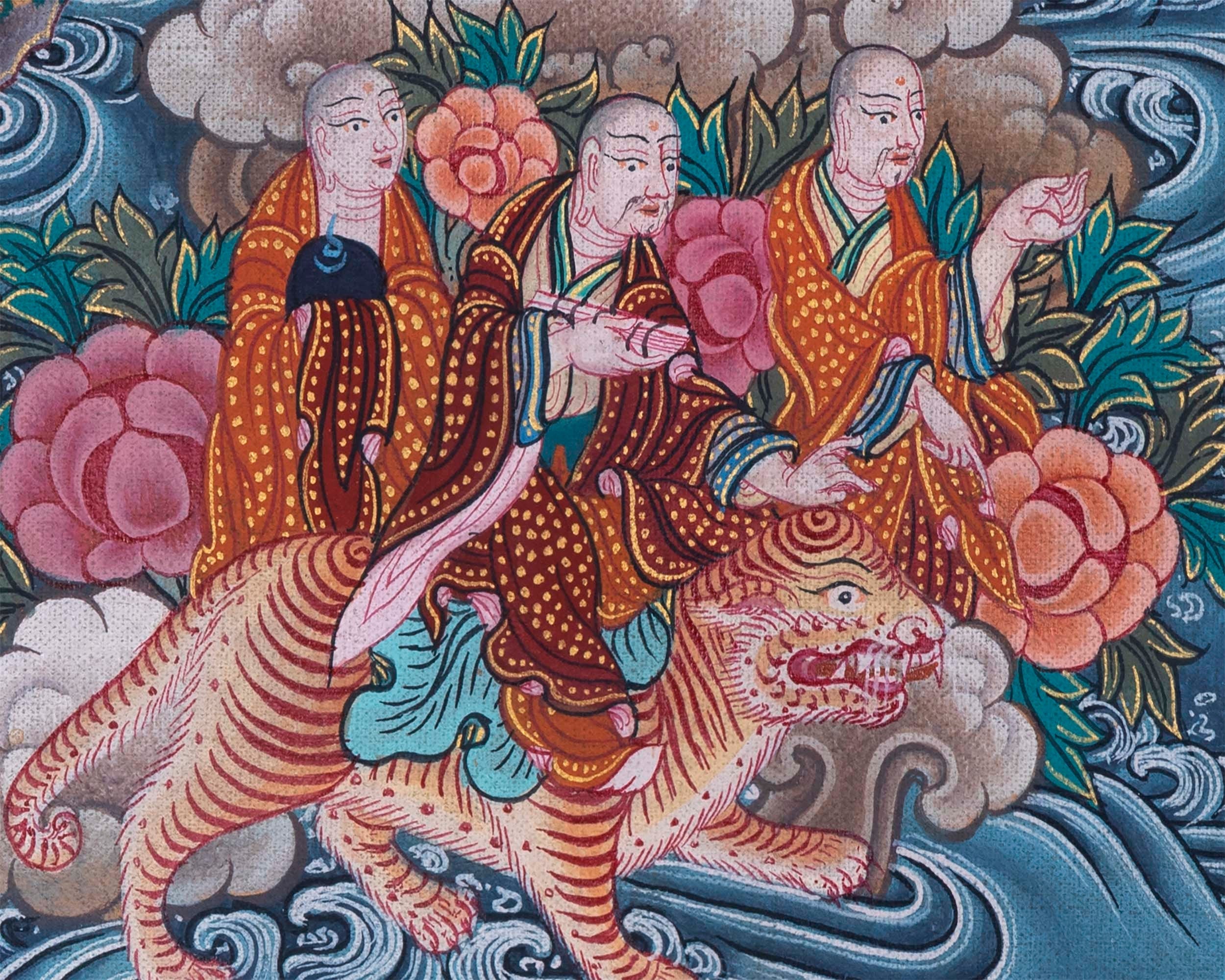 Buddha with 16 Arthats Thangka | Original Hand Painted Tibetan Wall hanging Decoration for Peace | Landscape Art