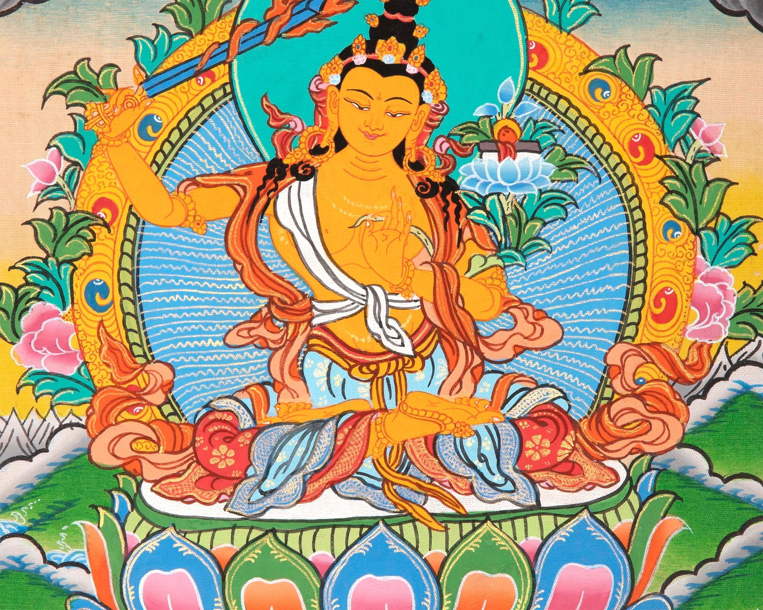 Manjushri Thangka Painting | Himalayan Buddhist Art | Buddhist Thangka Decor | Religious Gifts | Art Small for your Shrine And Home Decor