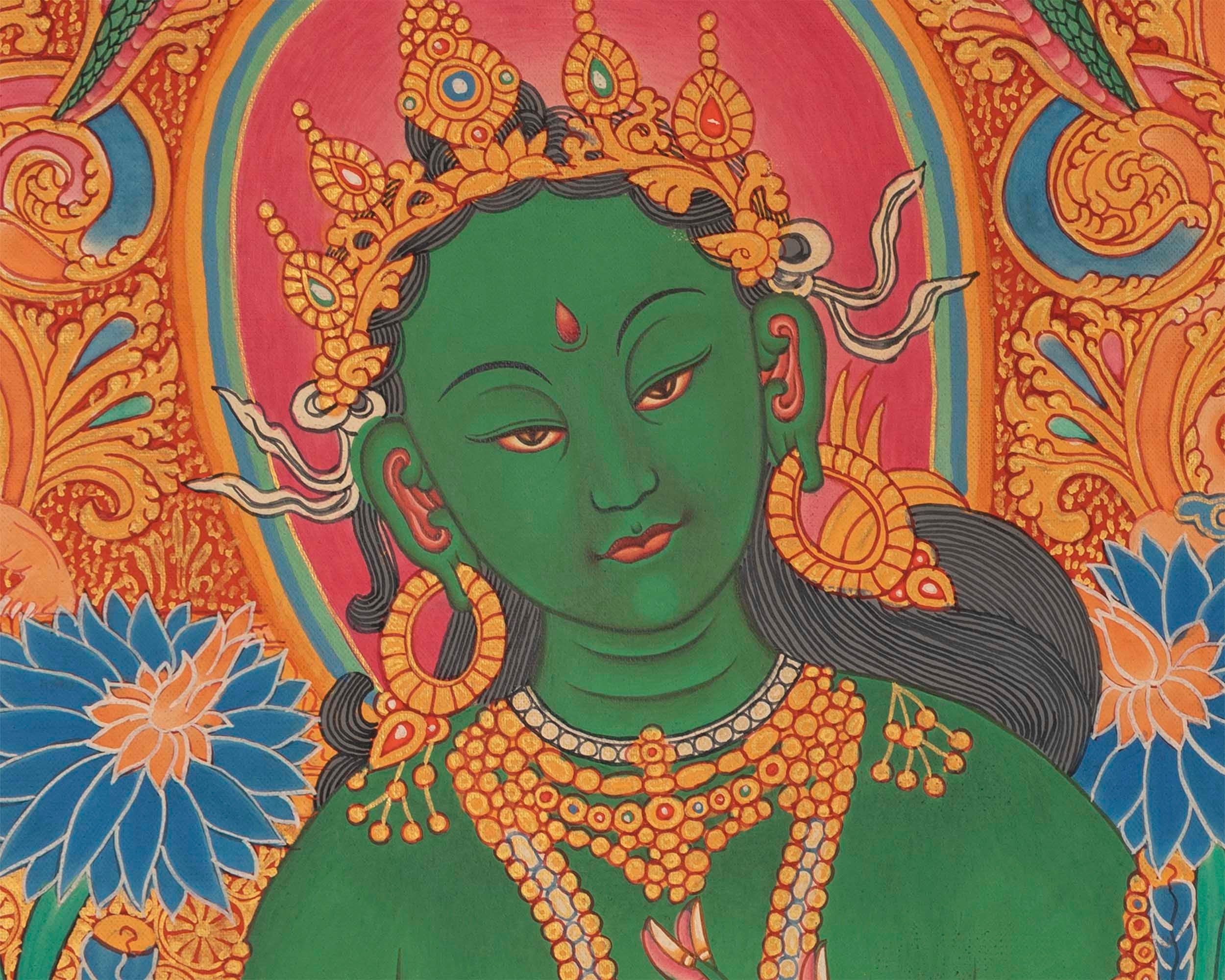 Green Tara Thangka | Wall Art | Religious Home Decor Ideas