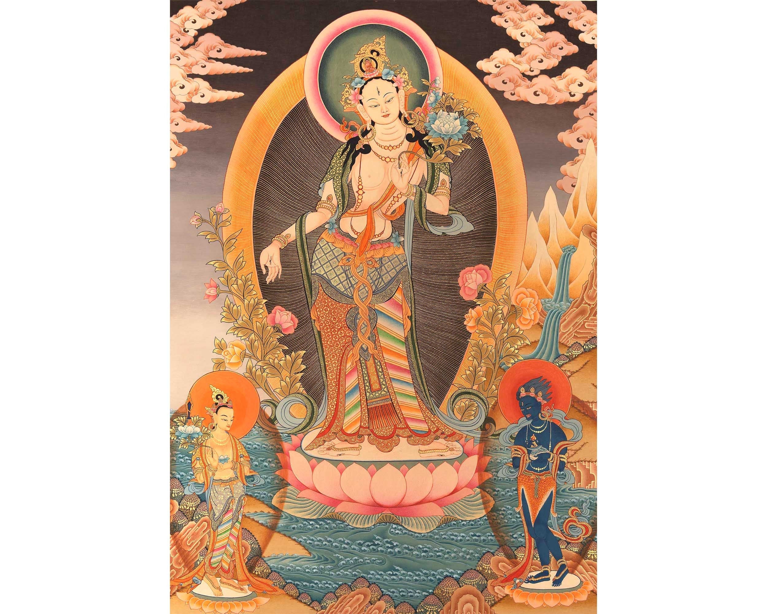 Standing White Tara Mother Goddess Healing Thangka Painting | Wall hanging Decoration for Positivity