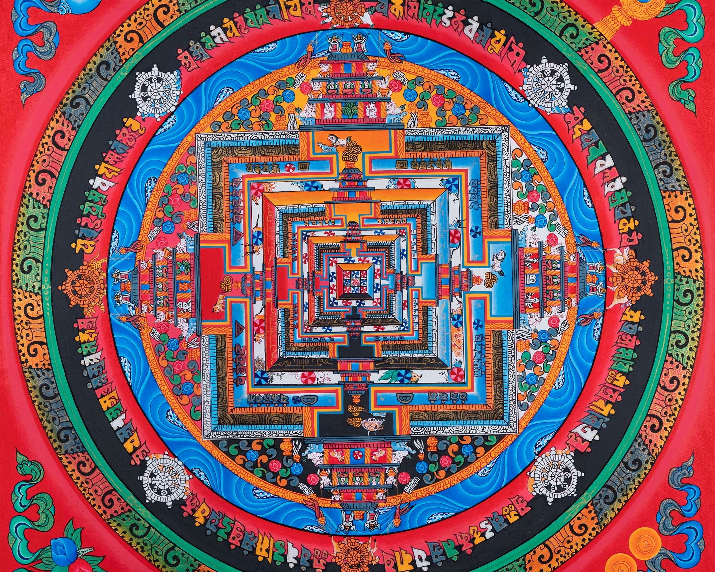 Red Kalachakra Mandala Thangka | Dragon Motif Artwork | Religious Wall Hanging Decors