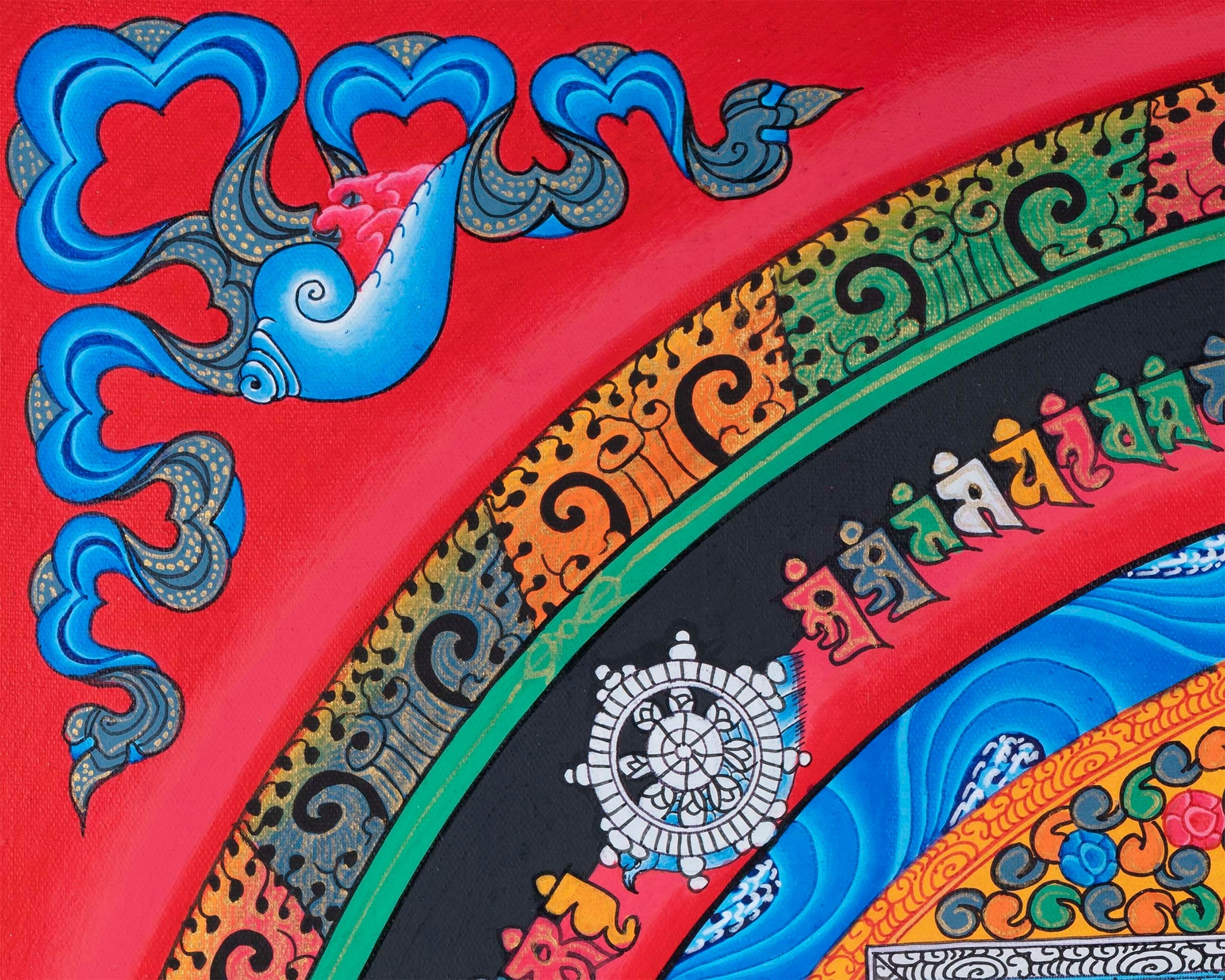 Red Kalachakra Mandala Thangka | Dragon Motif Artwork | Religious Wall Hanging Decors