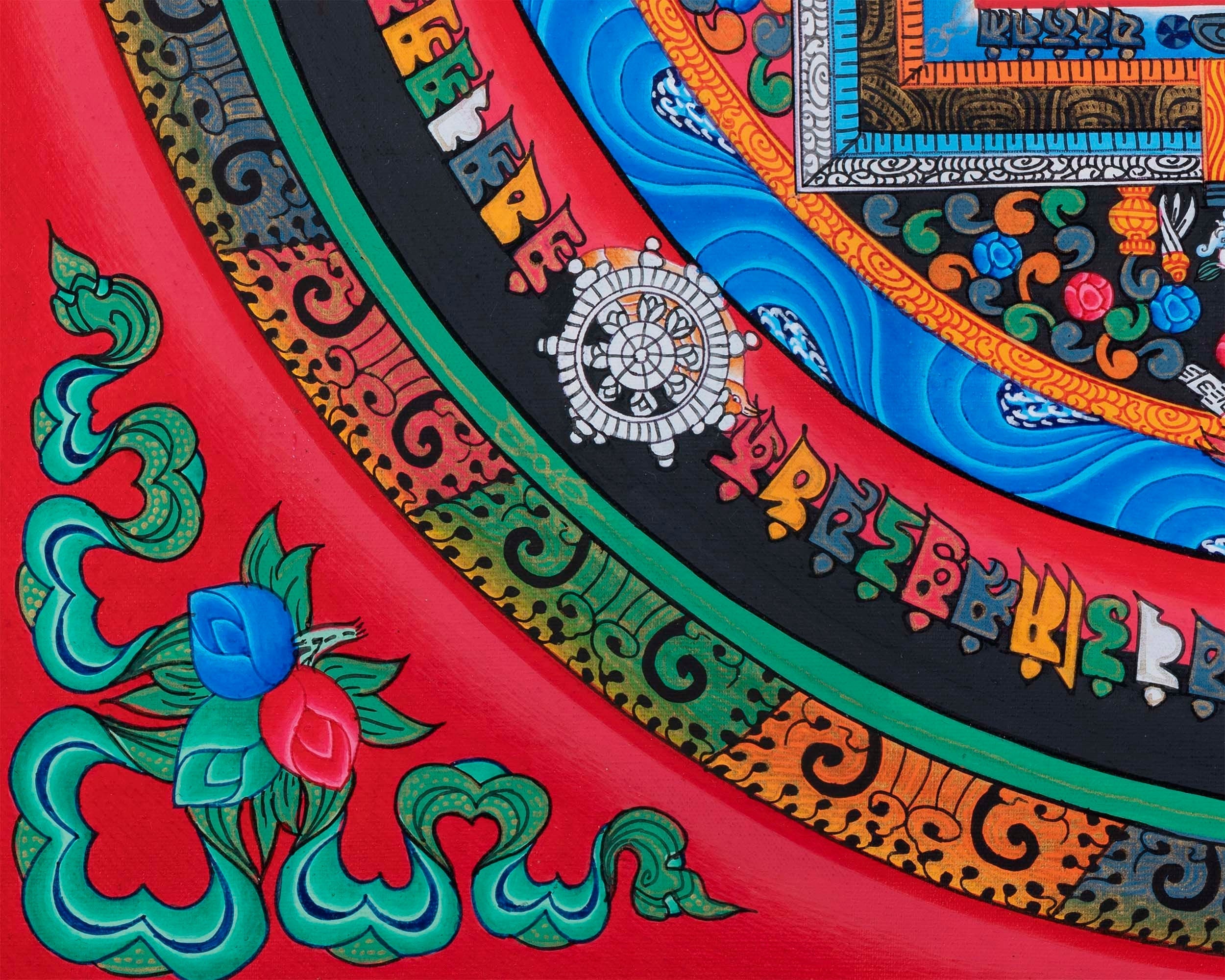 Red Kalachakra Mandala Thangka | Dragon Motif Artwork | Religious Wall Hanging Decors