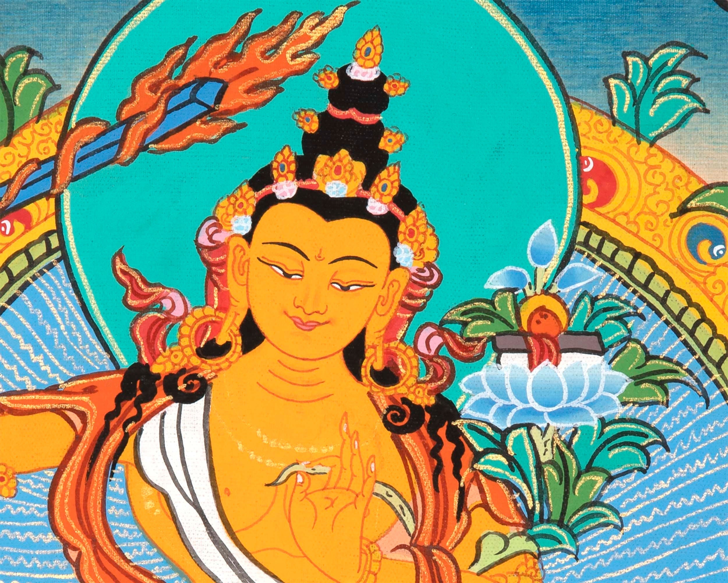 Manjushri Thangka Painting | Himalayan Buddhist Art | Buddhist Thangka Decor | Religious Gifts | Art Small for your Shrine And Home Decor