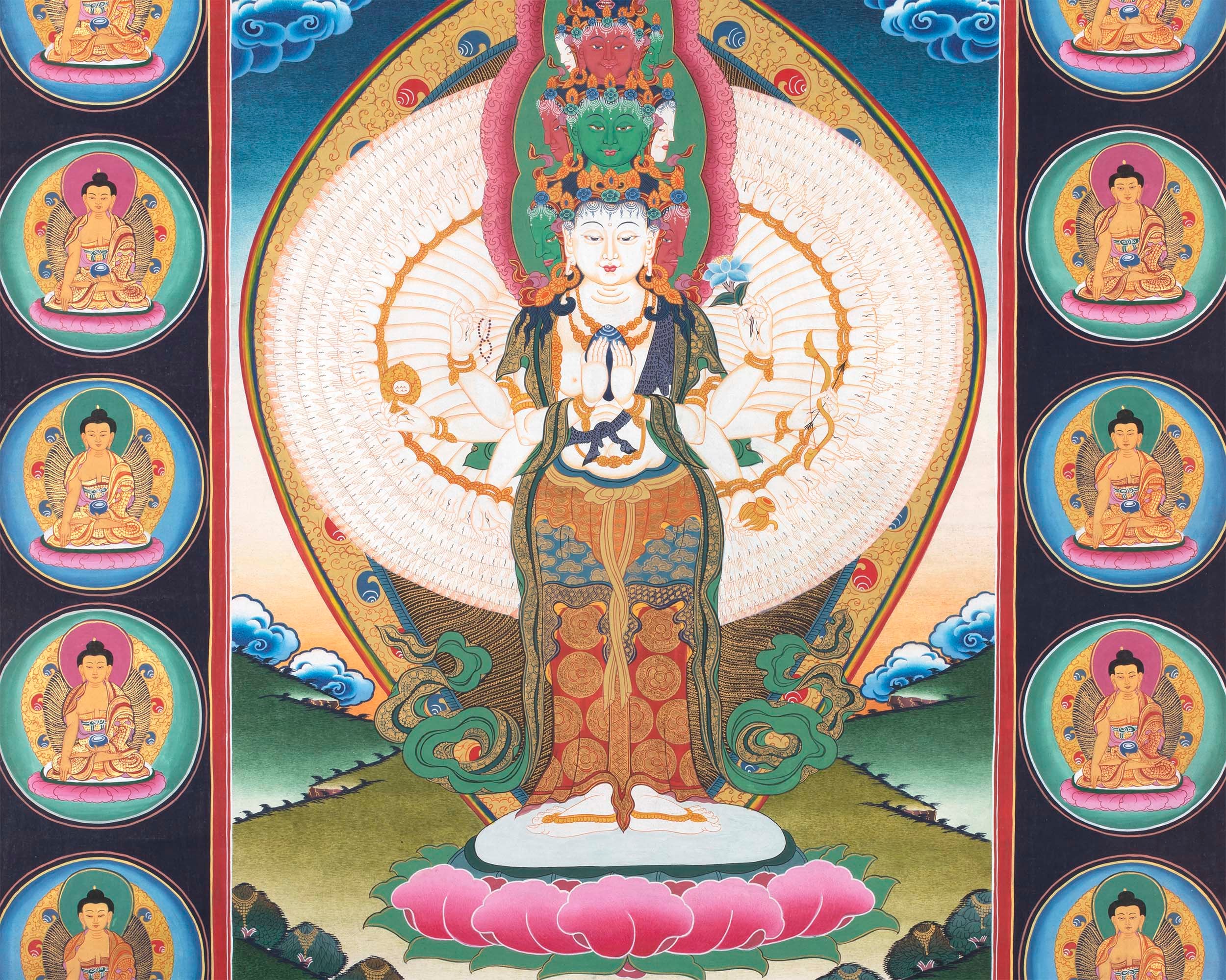 Avalokiteshvara Original Handmade Tibetan Thangka | Small Size Wall Decoration Painting