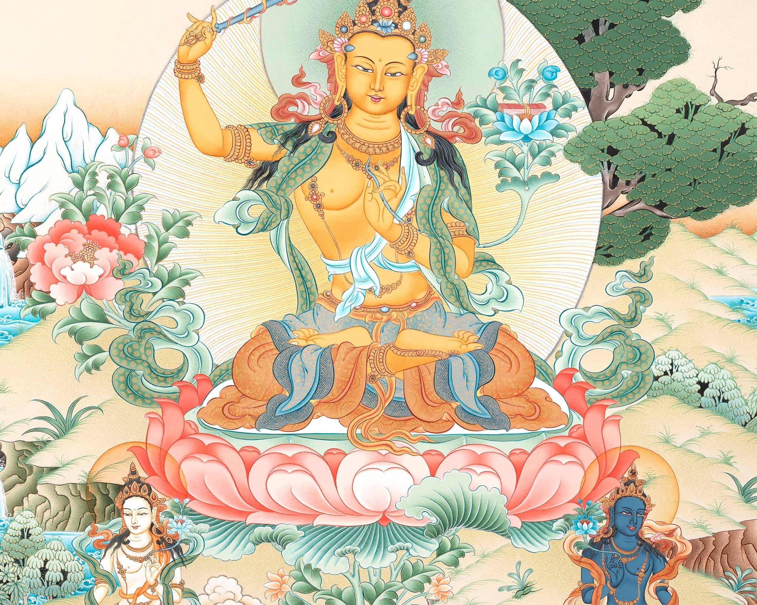 Tibetan Manjushree Thangka | Bodhisattva of Wisdom and Power | Wall Hanging Decors