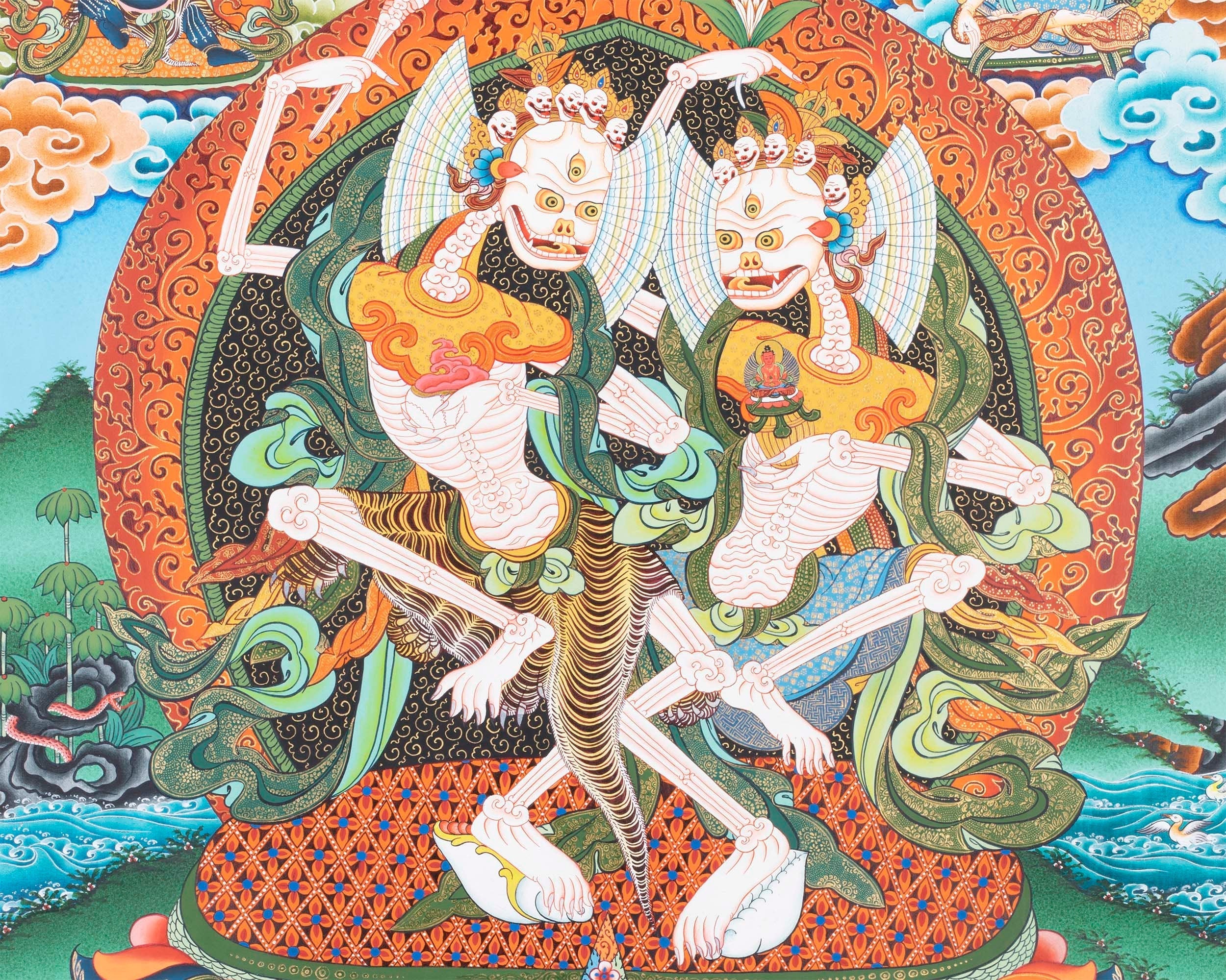 Chitipati Mahakala Thangka | Religious Handpainted Art | Wall Hanging Decors
