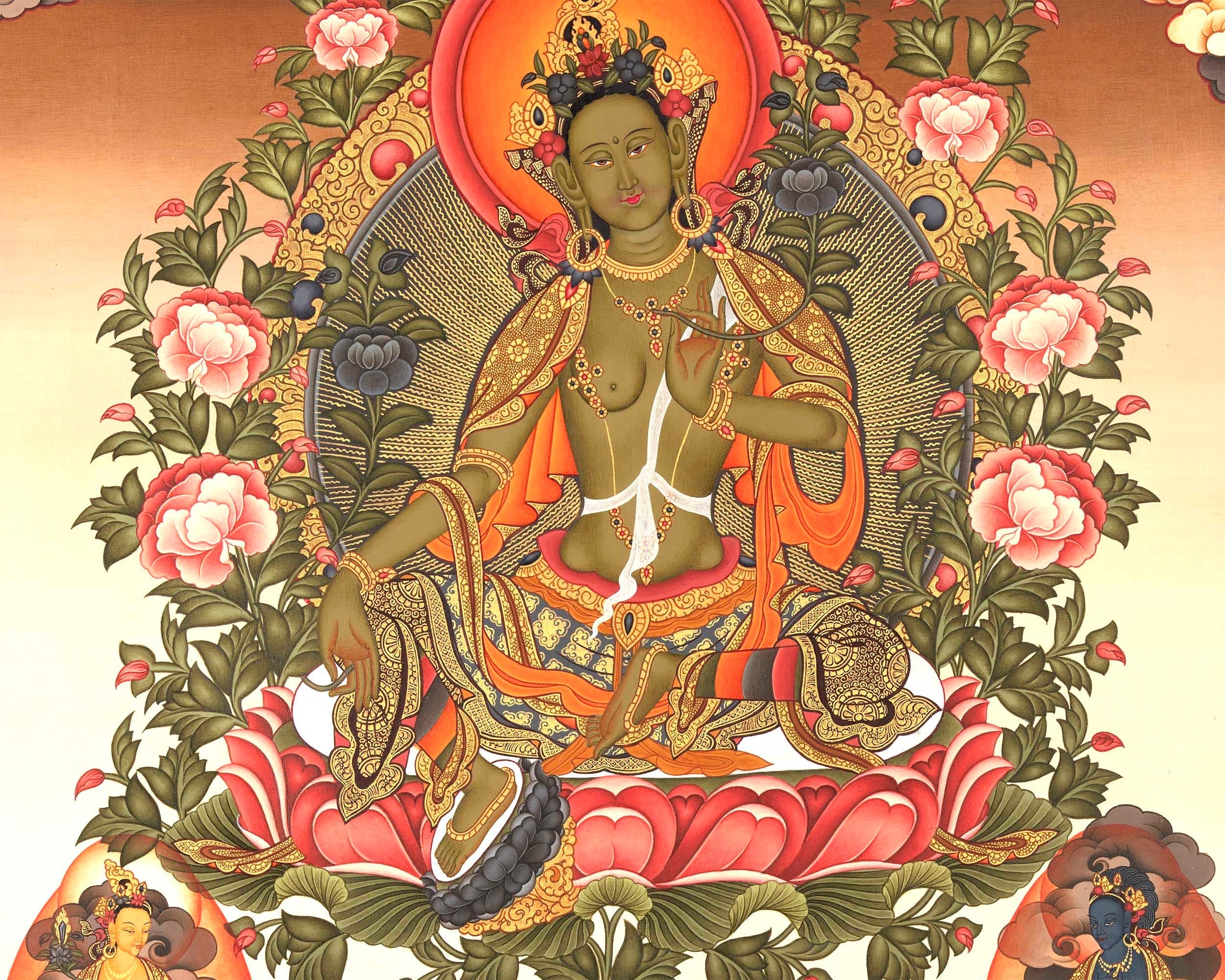 Green Tara Mother Goddess Thangka Painting | Spiritual Meditation Canvas Art