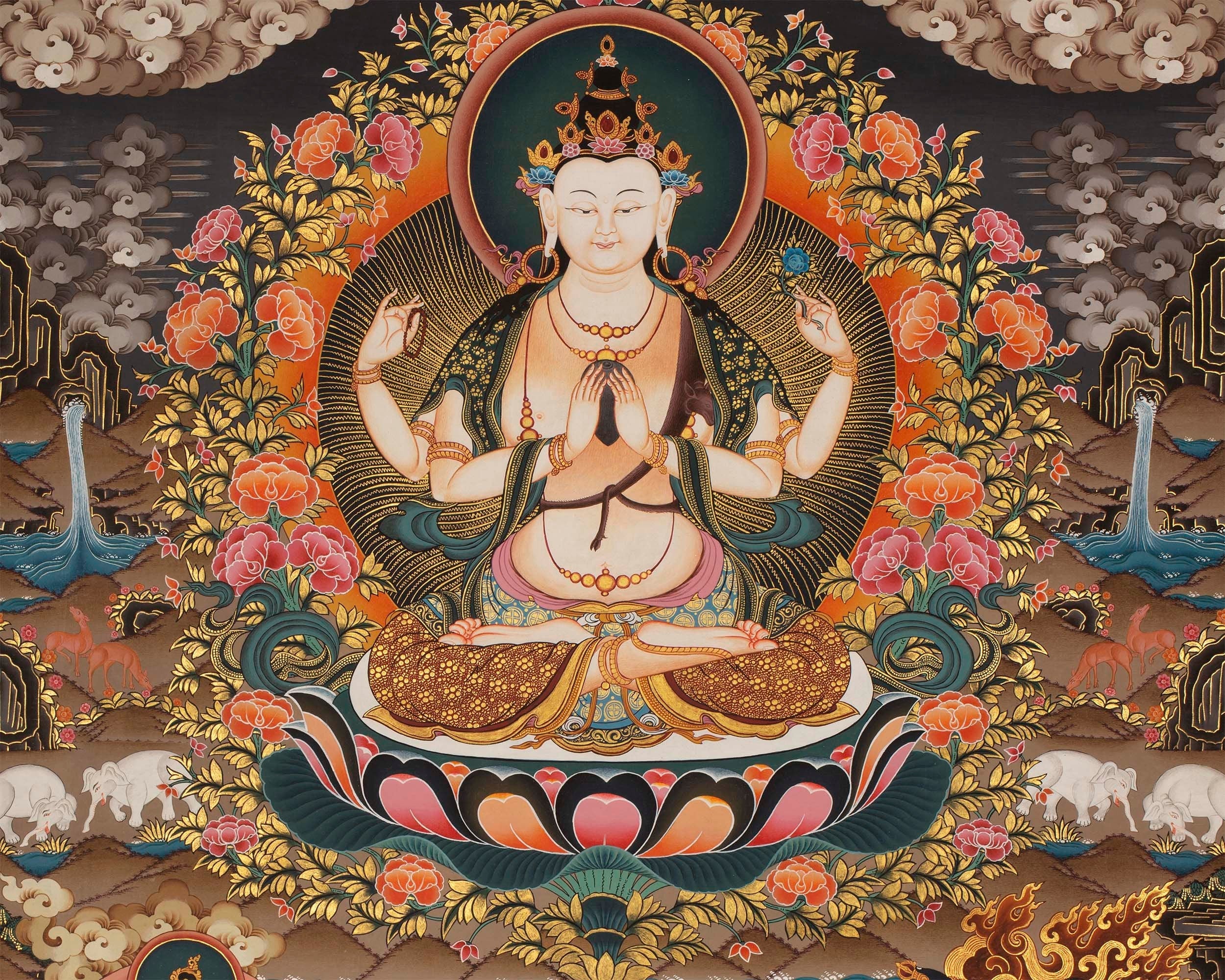 4 Armed Chenrezig Thangka | Yoga Meditation Canvas Art for your Peace