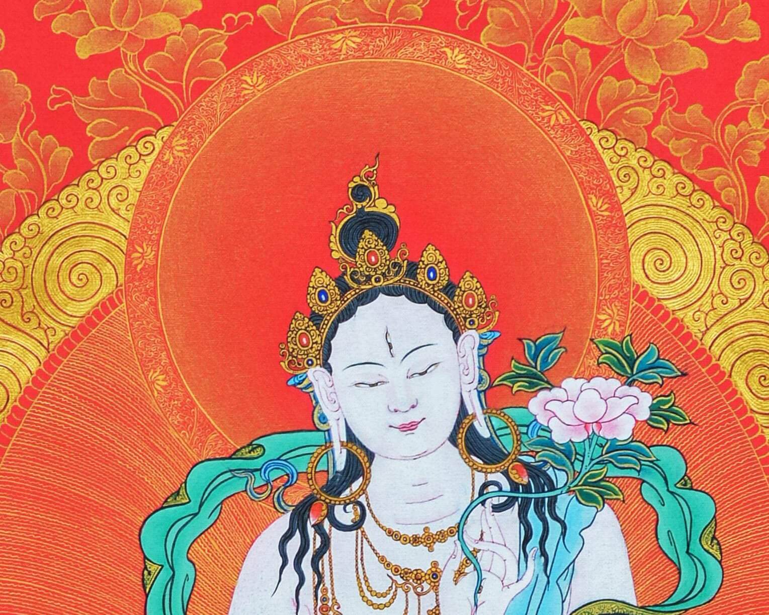 Rare Eight White Tara Thangka | 24k Gold In Red | Long Life Mother Drolma