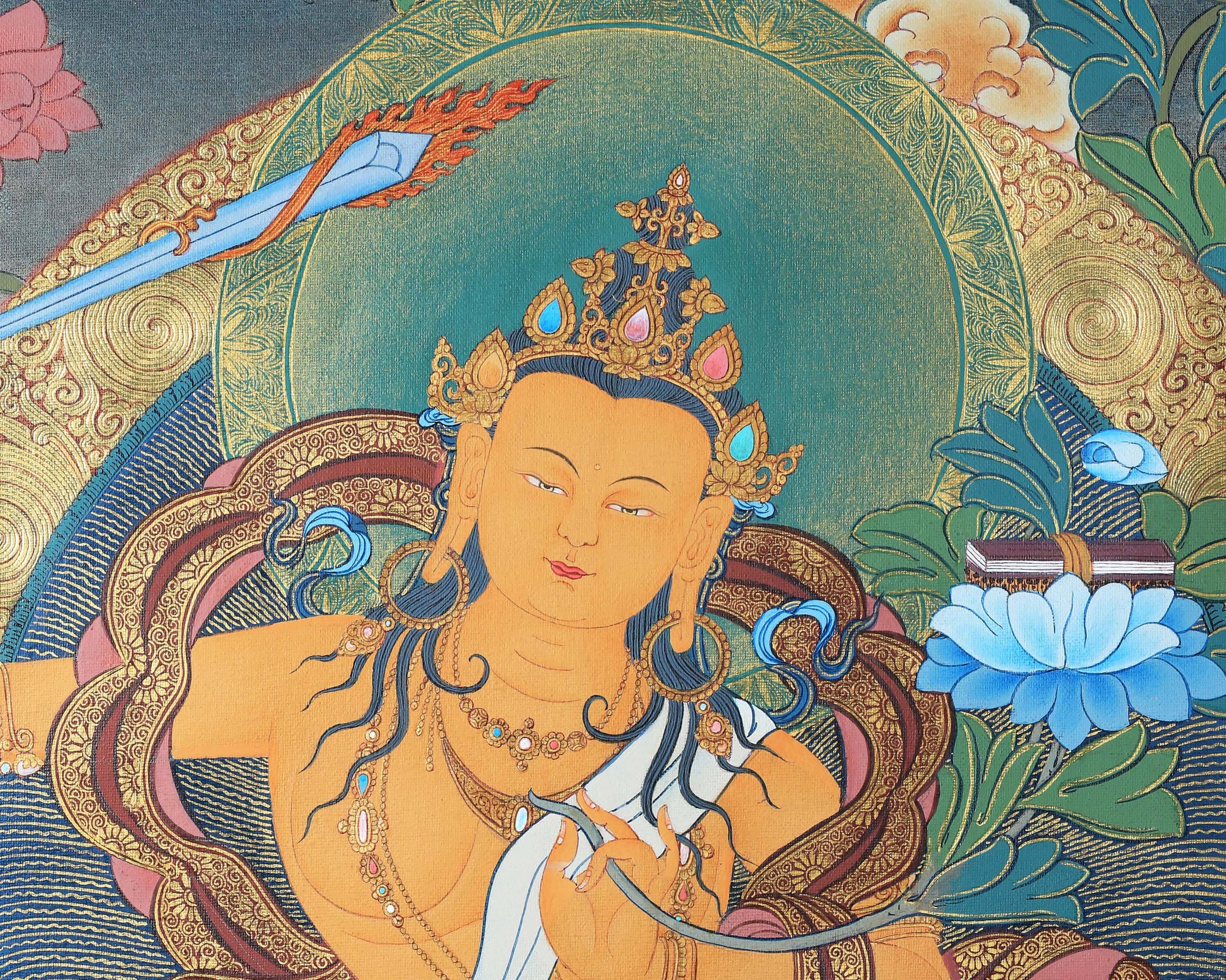 Manjushree Bodhisattva Thangka | Tibetan Art | Hand Painted with 24K Gold
