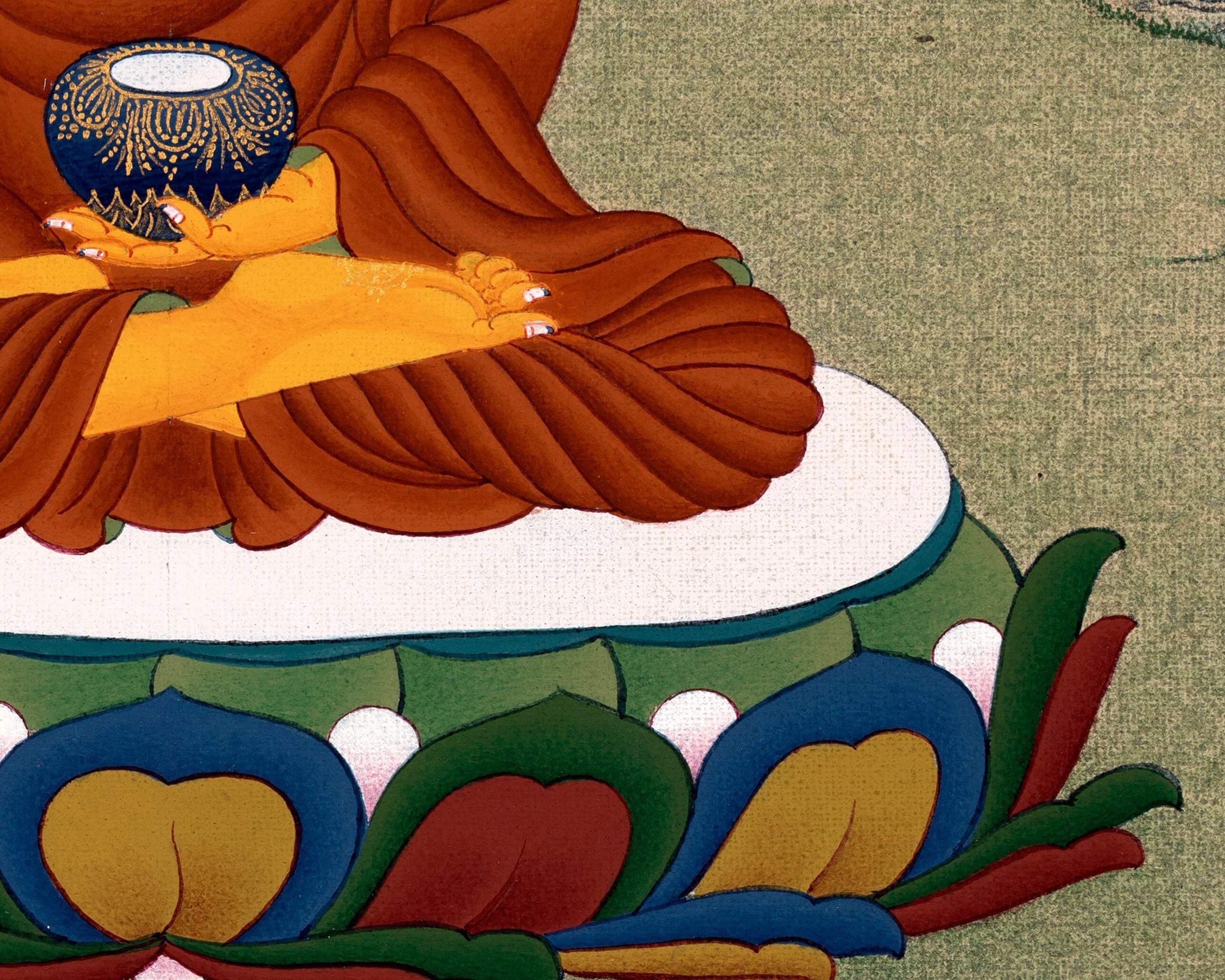 Buddha Shakyamuni Thangka, Hand Painted Tibetan Buddha Painting in Stone colors & 24K Gold, Karma gadri