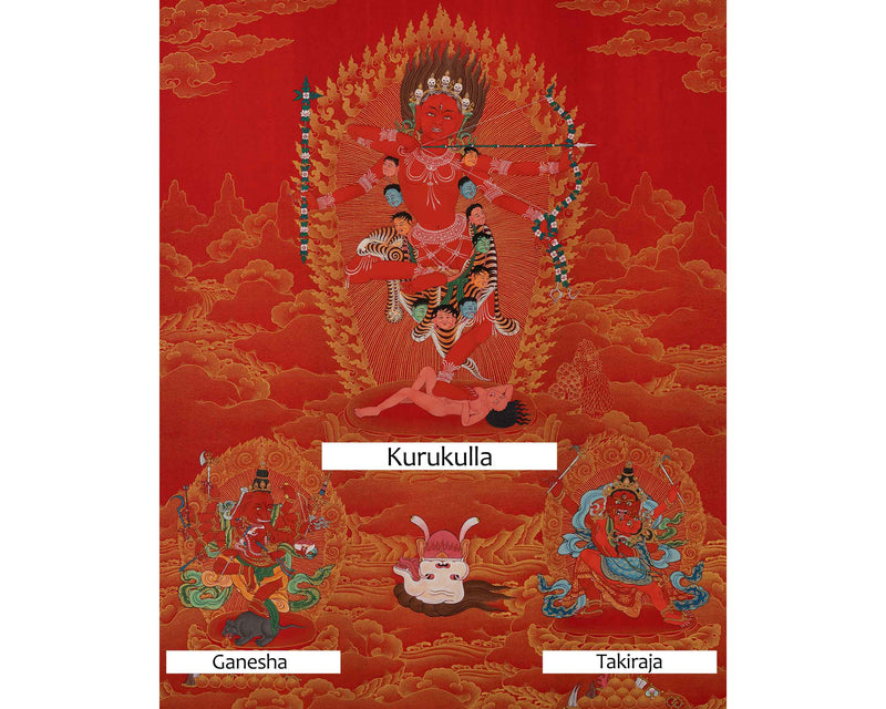 Kurukulle Sadhana Thangka | Kurukulla With Ganesha And Takiraja