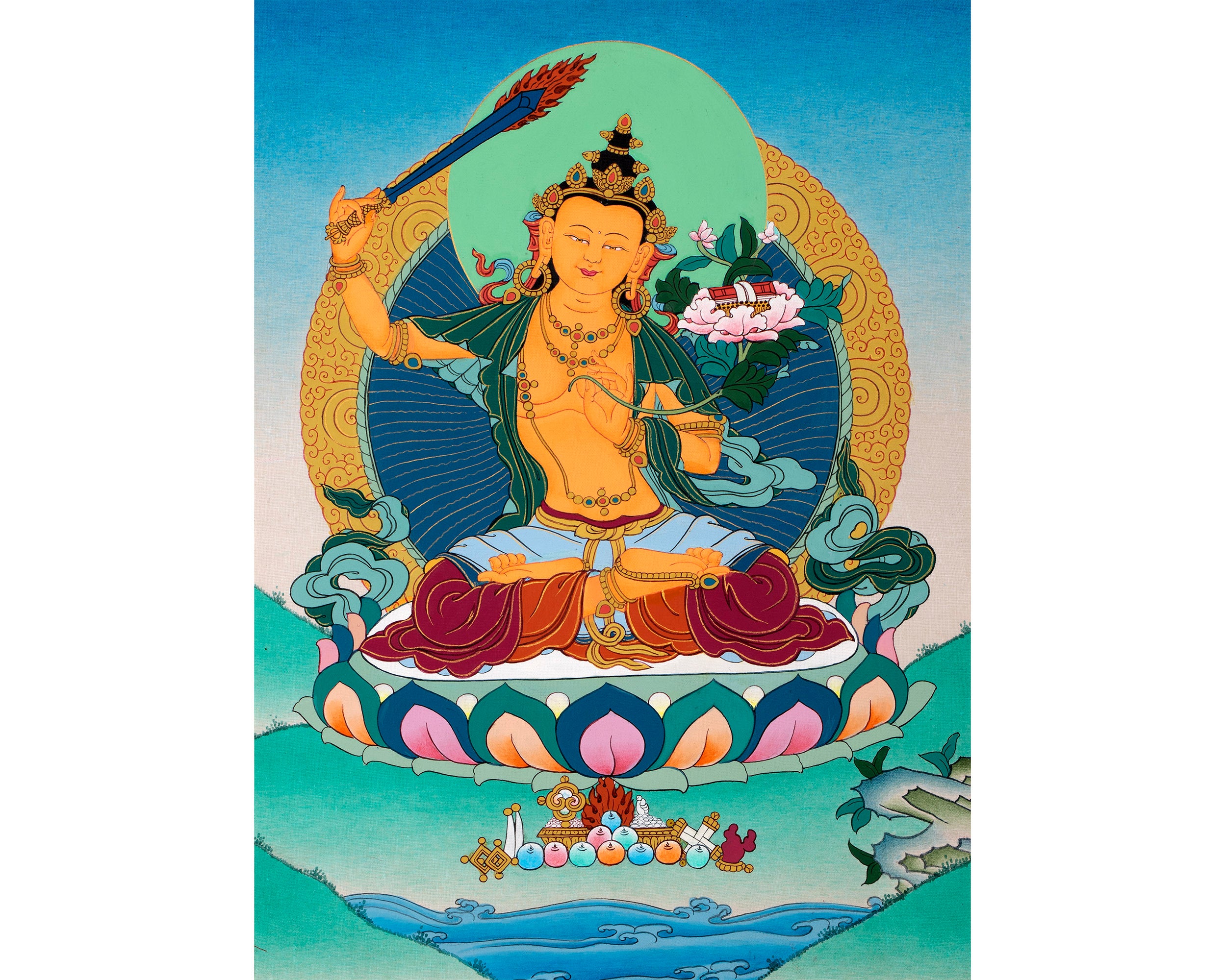 Manjushree Art Brocade | Wisdom Bodhisattva Thangka | Himalayan Buddhist Wall Painting