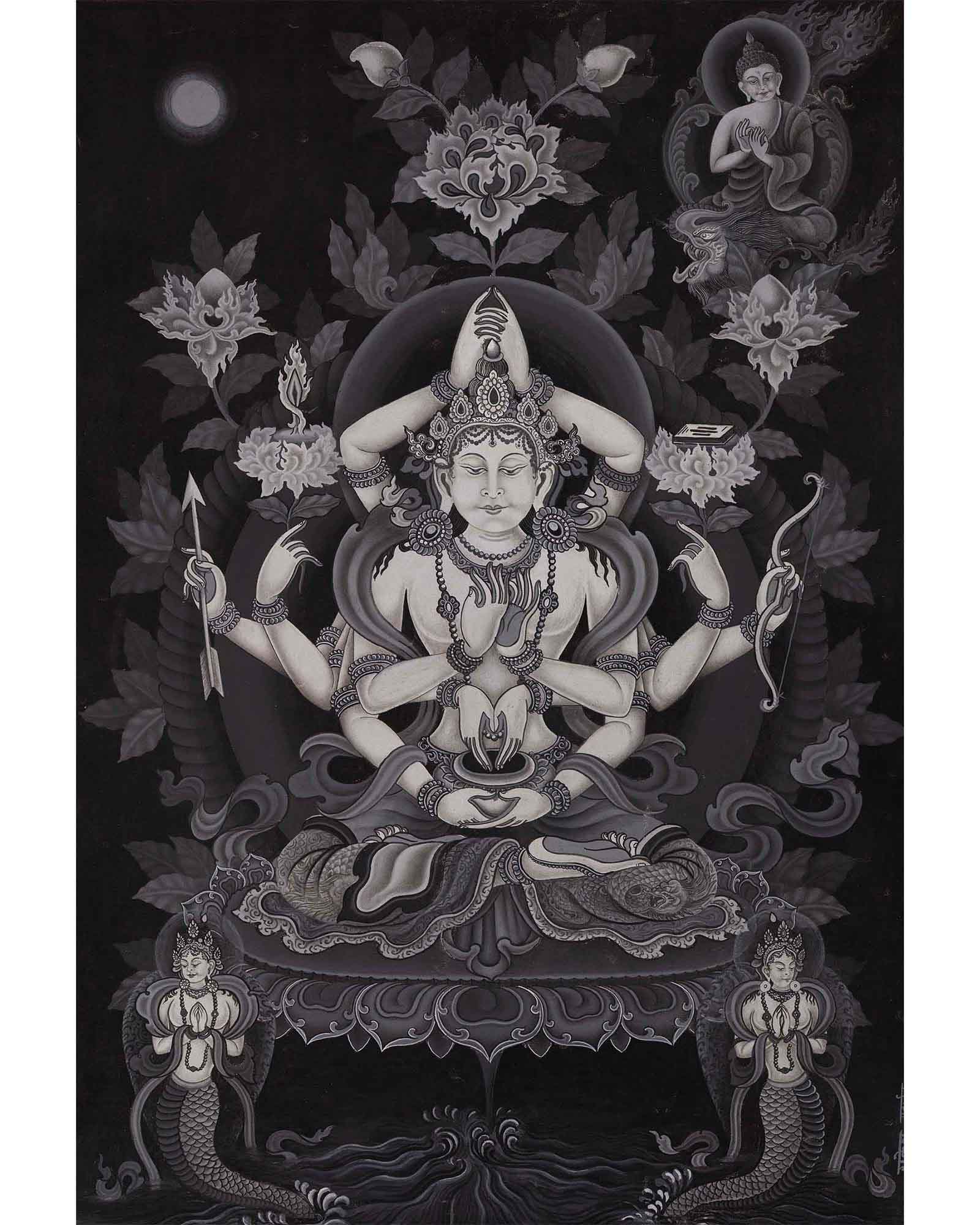 Newari Black and White Arya Manjushree Namsangiti thangka | Buddhist Art