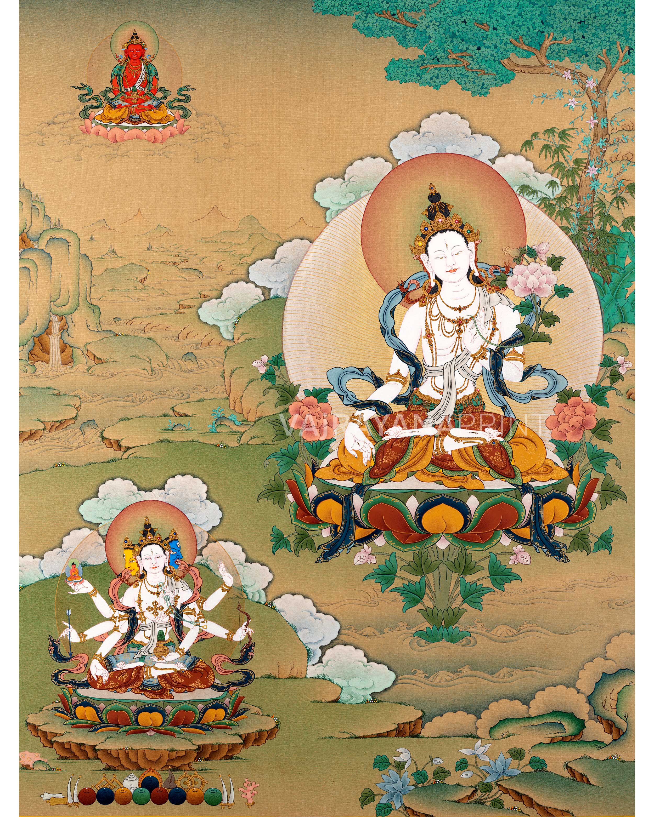 A Tibetan Bodhisattva Thangka Print | White Tara, Amitayus and Namgyalma Painting