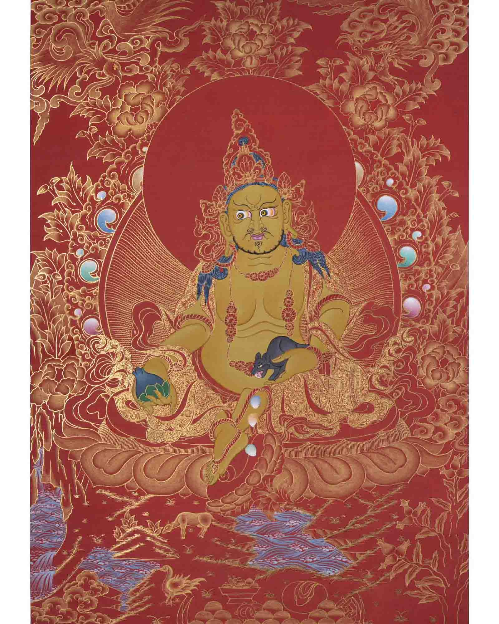Red And Gold Painted Dzambala Thangka | Hand-Painted Deity Of Wealth