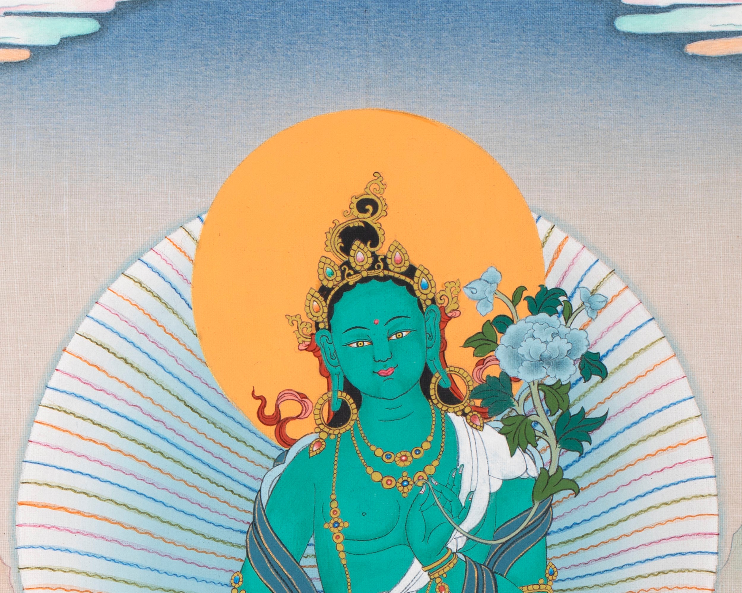 Green Tara Brocade Thangka | Female Bodhisattva | Awakened Buddha
