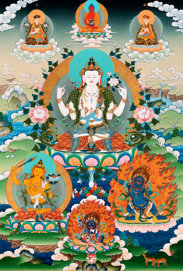 Chenresig-Manjushri-Vajrapani with Karmapa & Sharmapa