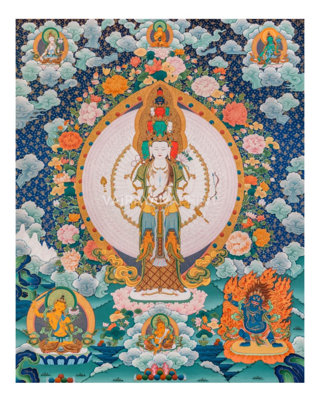 Palden Lhamo, Guru Rinpoche and 1000 armed chenresig Thangka Prints