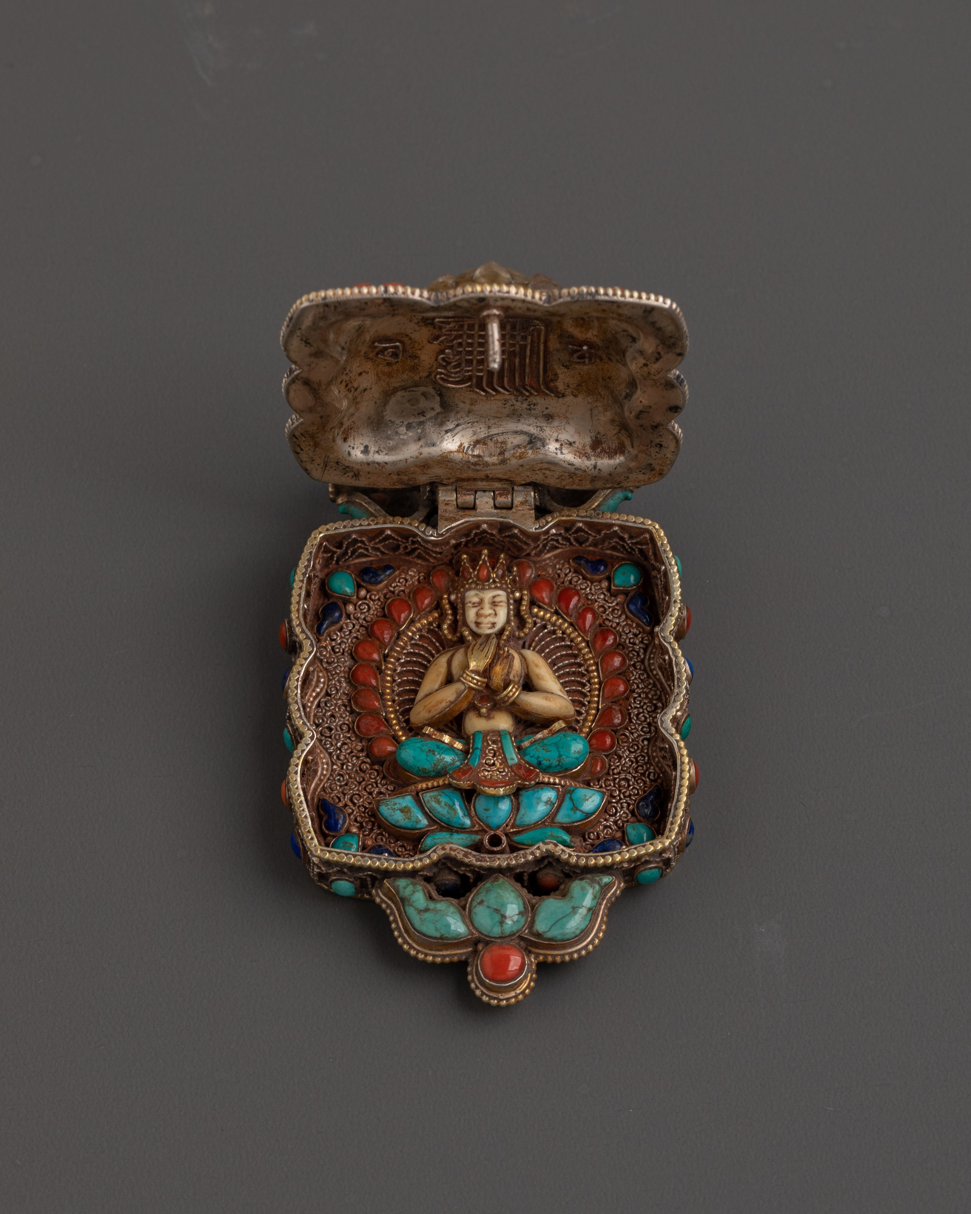 Handmade Tibetan Ghau Locket | Coral, Lapis Lazuli, Turquoise Inlay