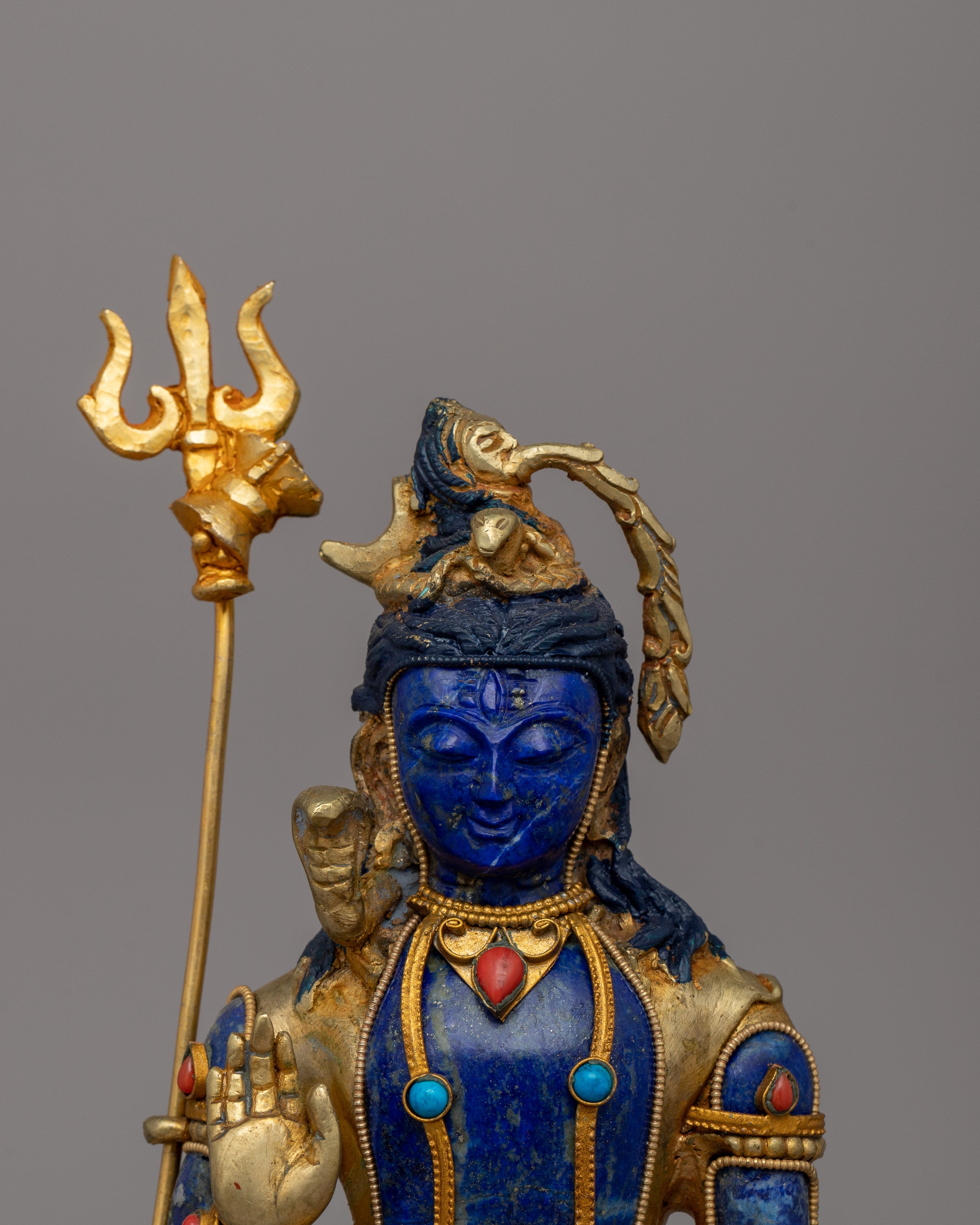 Lapis Lazuli Lord Shiva Statue | Hindu Deity Adorned with Coral