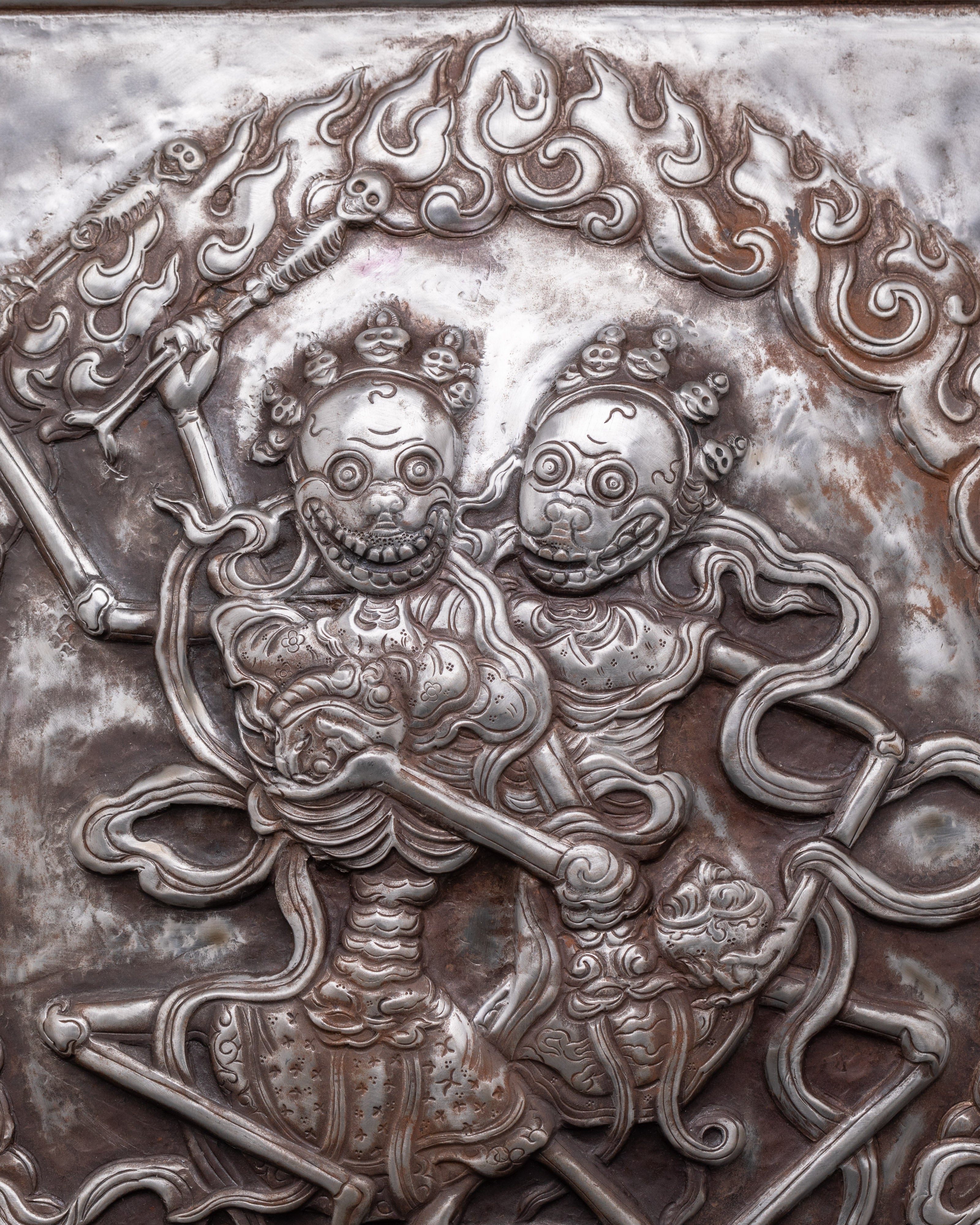 Handcrafted Tibetan Citipati Wall Hanging | Iron Skeleton Deity Plaque with Fire Aura