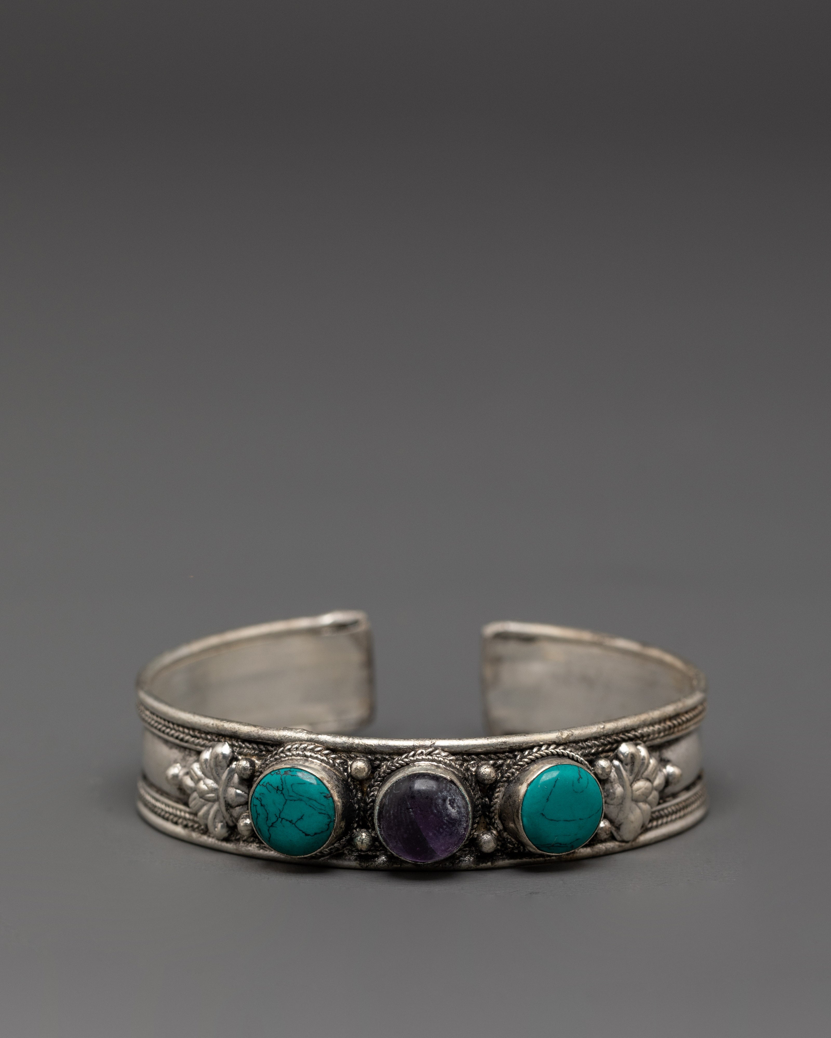 Tibetan Style Gemstone Bracelet | Turquoise Amethyst Cuff