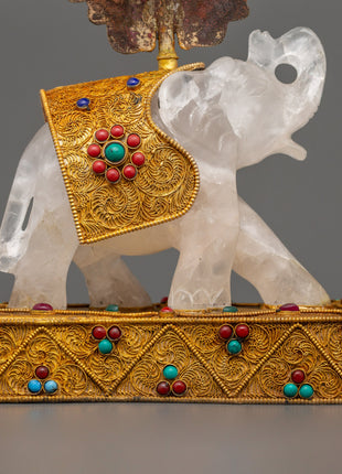 Shakyamuni Buddha on Crystal Elephant | Lapis & Coral Inlaid Gold Statue