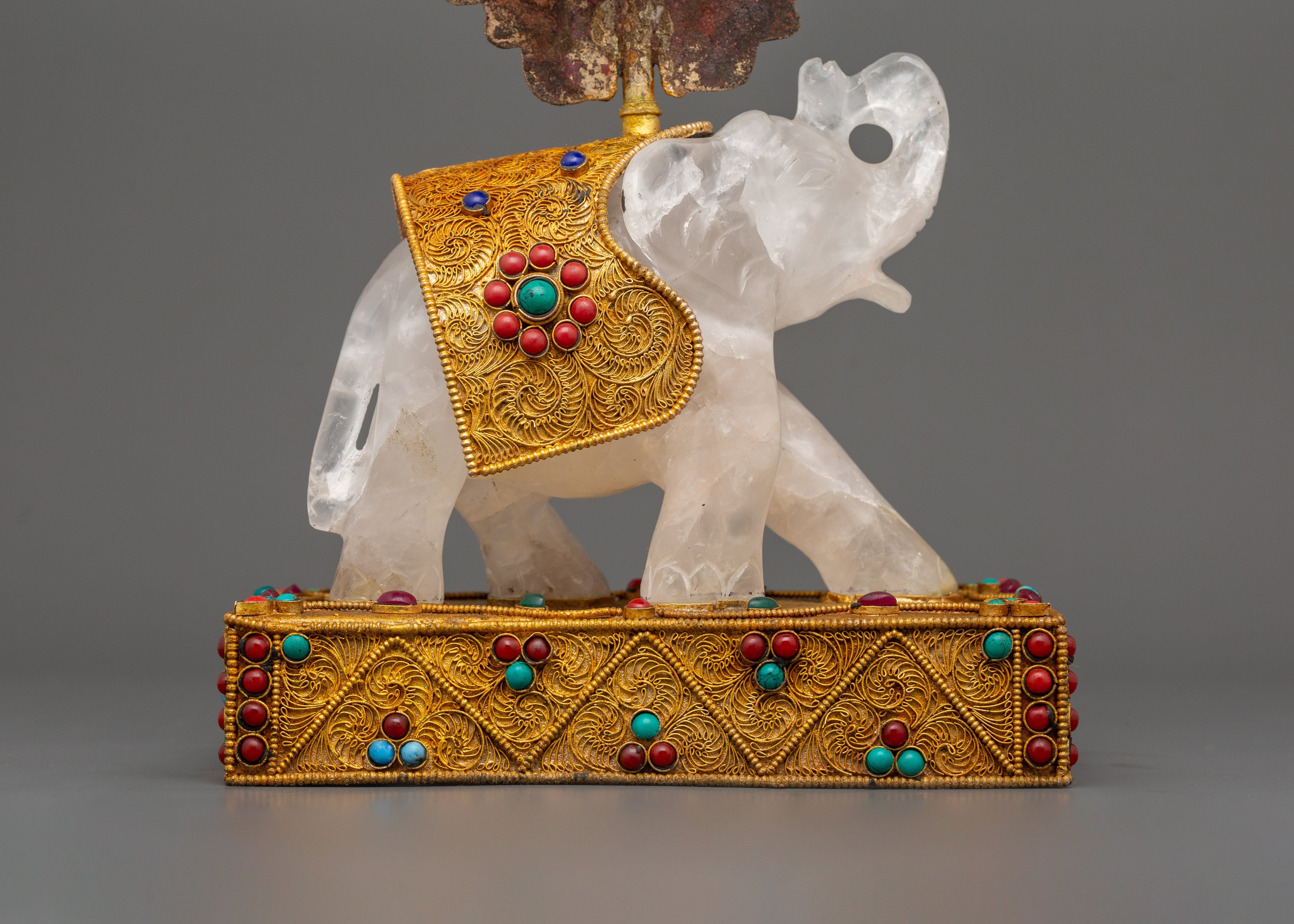 Shakyamuni Buddha on Crystal Elephant | Lapis & Coral Inlaid Gold Statue