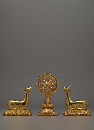Gold-Plated Dharma Wheel with Deer Set 
