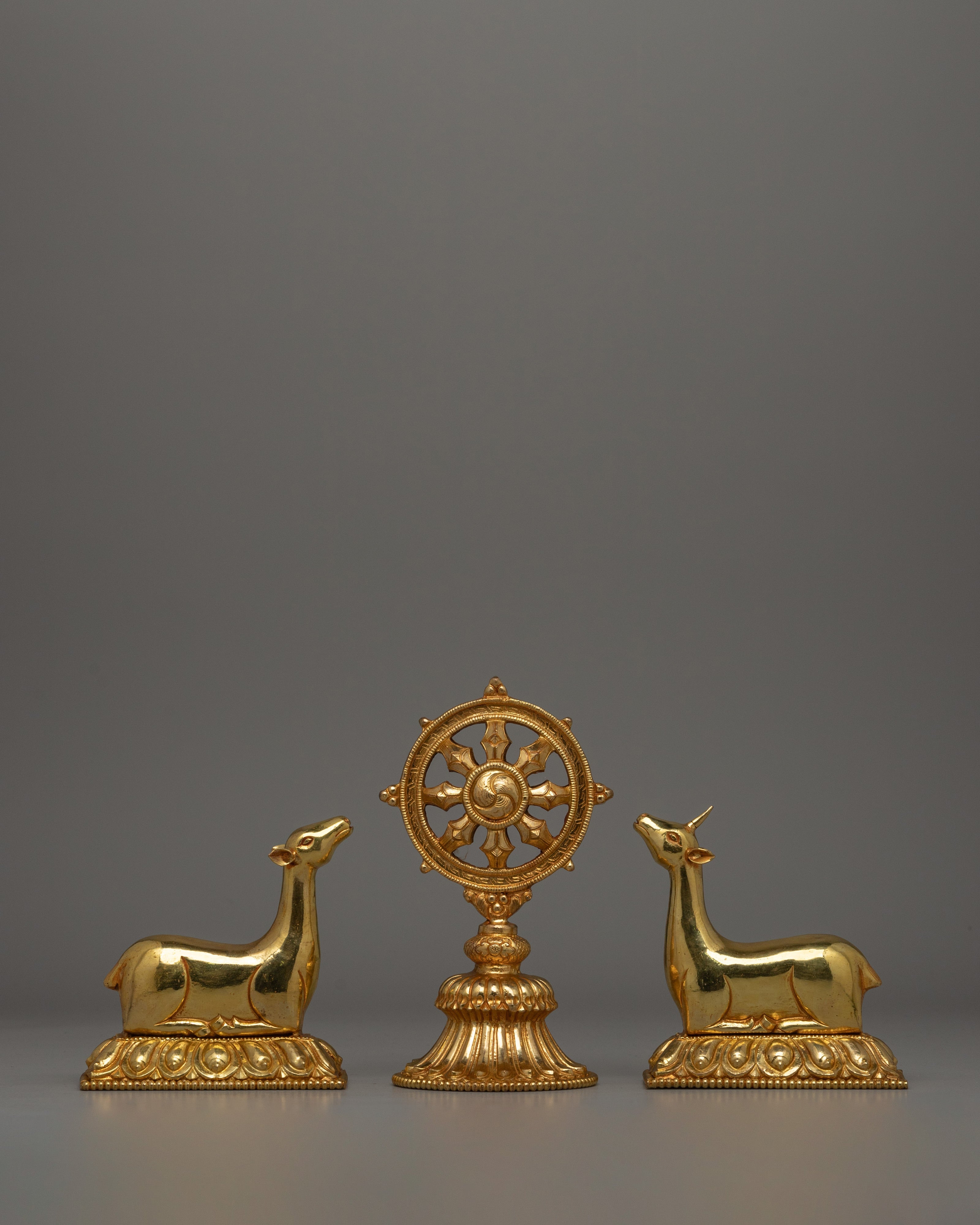 Gold-Plated Dharma Wheel with Deer Set 