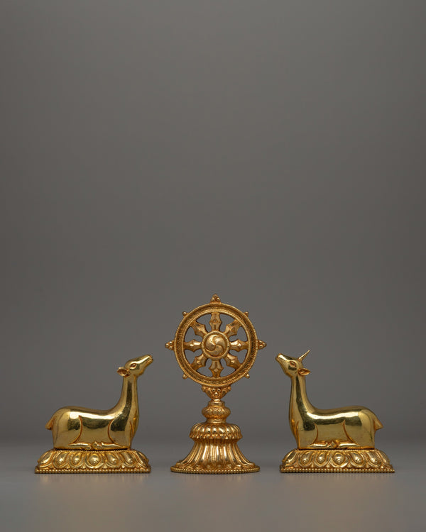 Gold-Plated Dharma Wheel with Deer Set 