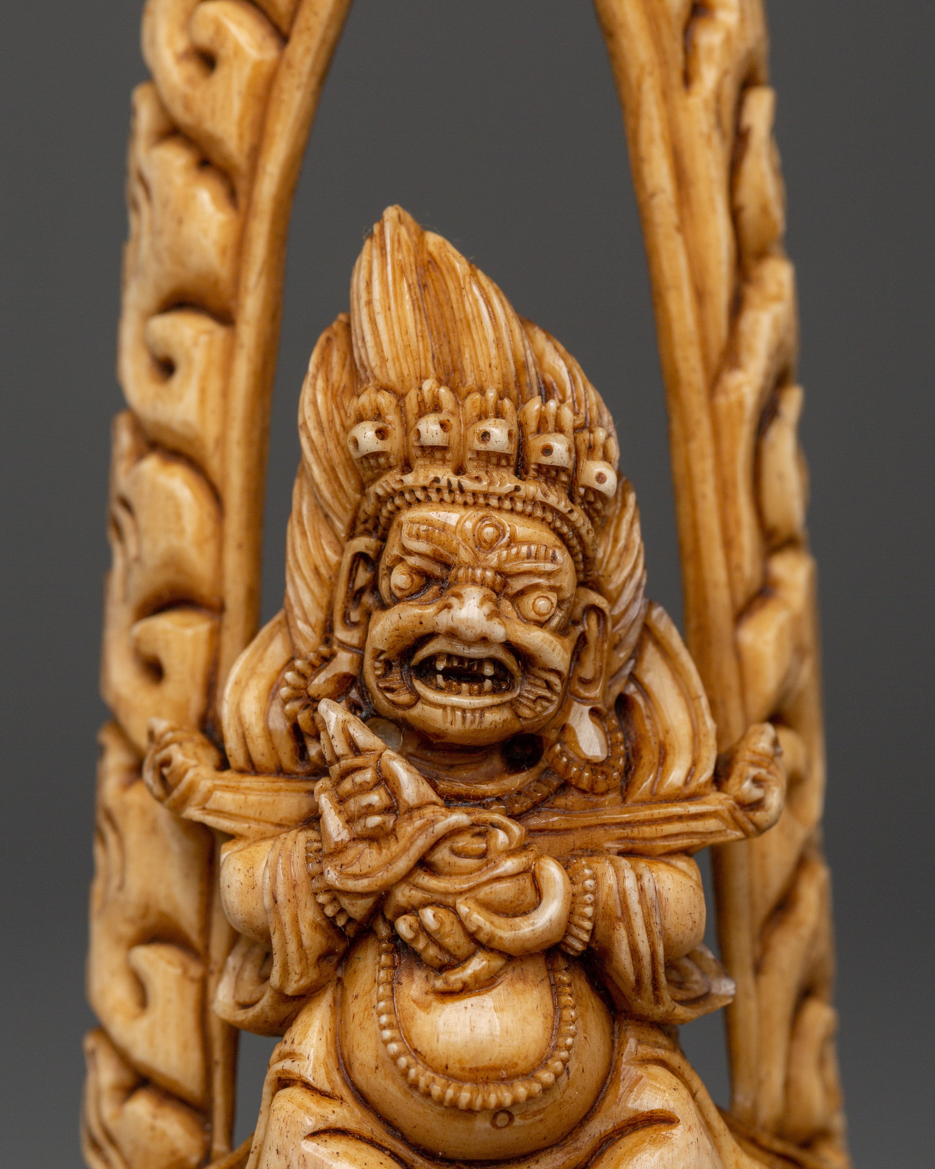 Wrathful Deity Bone Carving | Handcrafted Yak Bone Guardian Statue