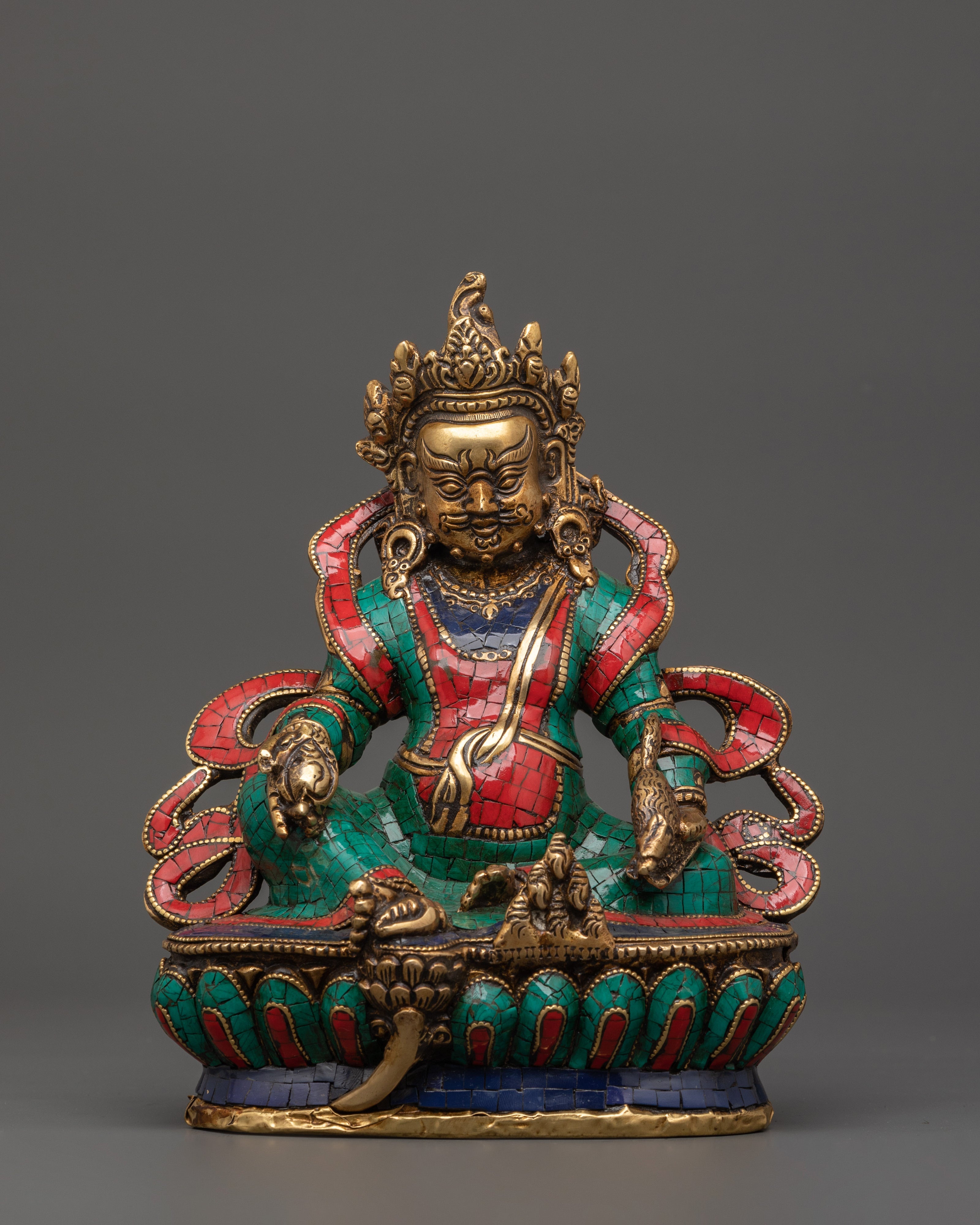 Brass Dzambhala Statue with Coral 