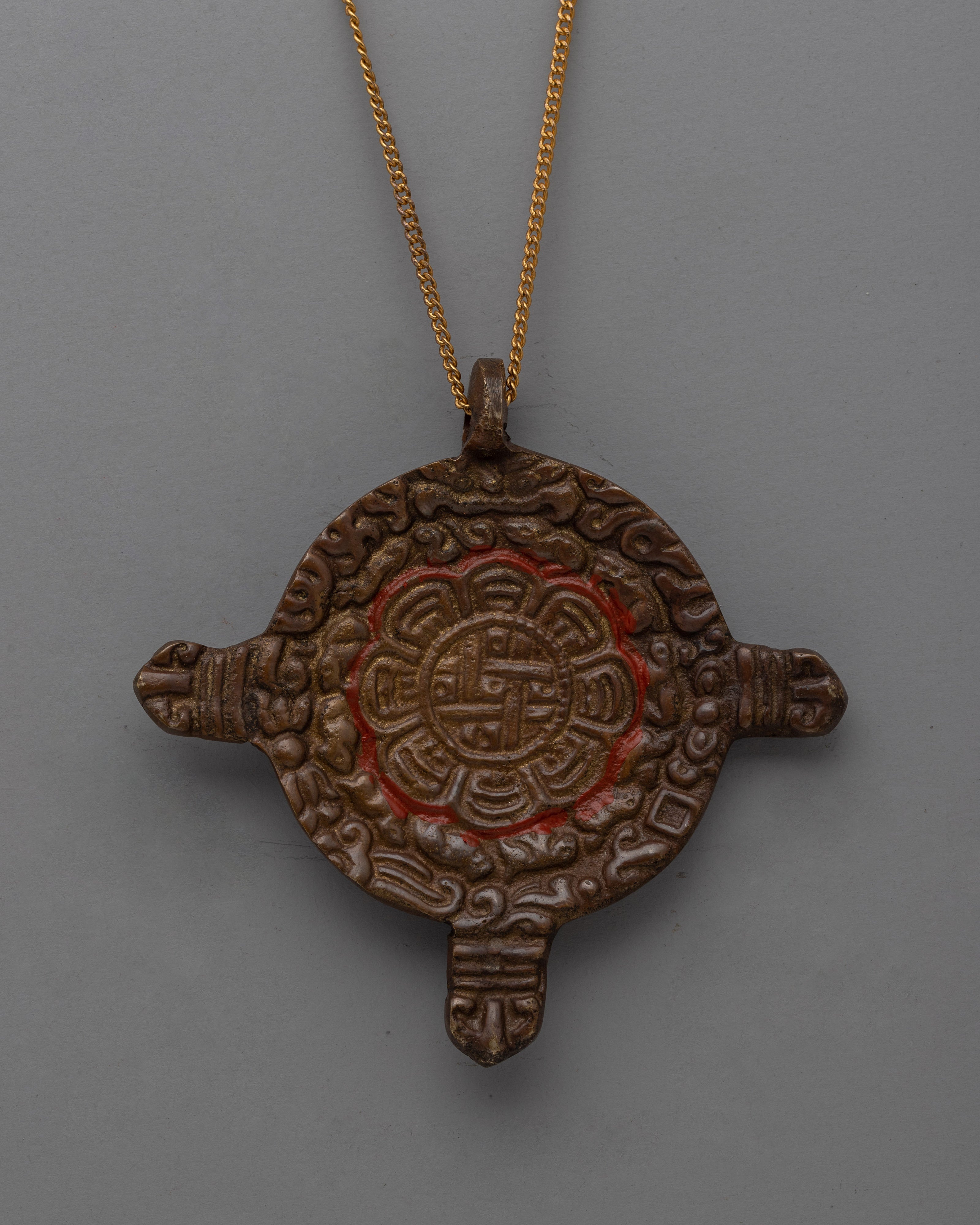 Handcrafted Round Buddhist Brass Locket with Sacred Symbols | Spiritual Jewelry
