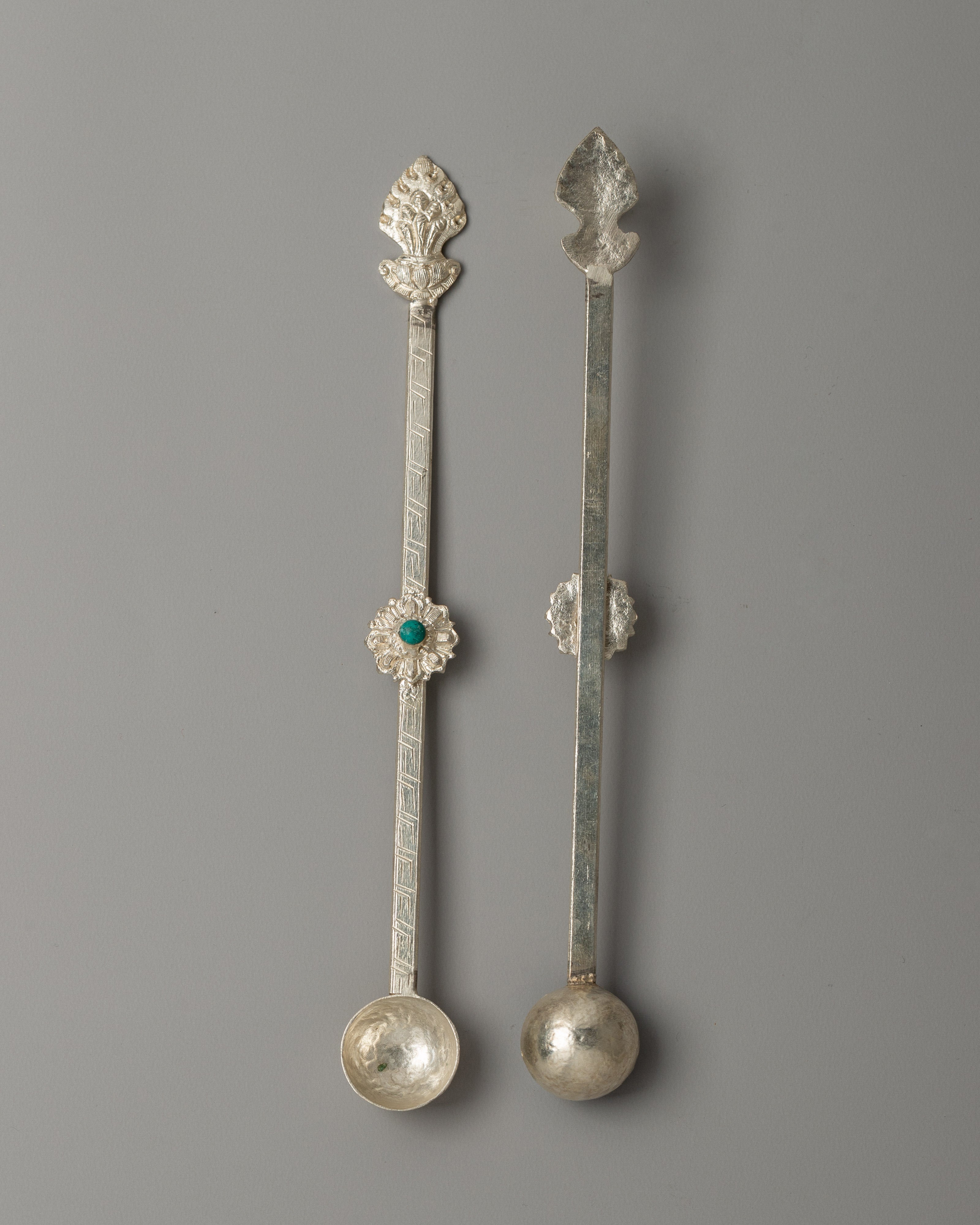 Altar Silver Plated Spoon Set | Coral & Turquoise Inlay Ritual Tool