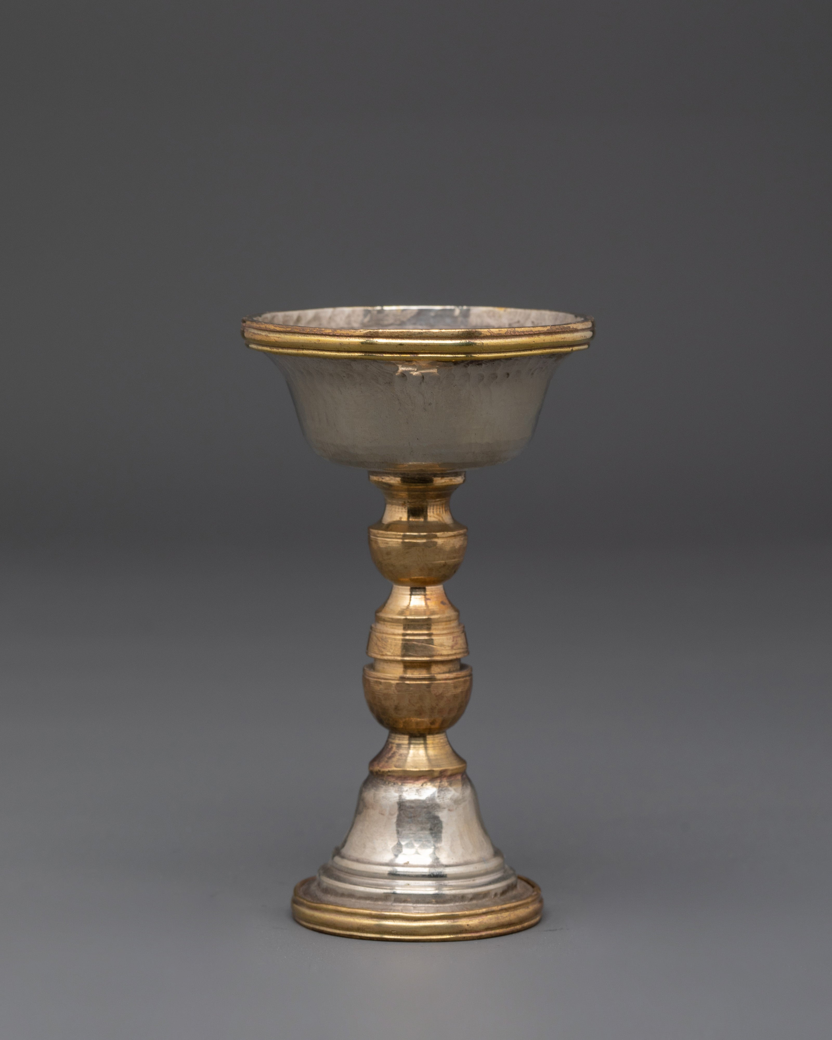 Handcrafted Buddhist Altar Serkyem Set | White Metal and Copper Ritual Offering Vessel