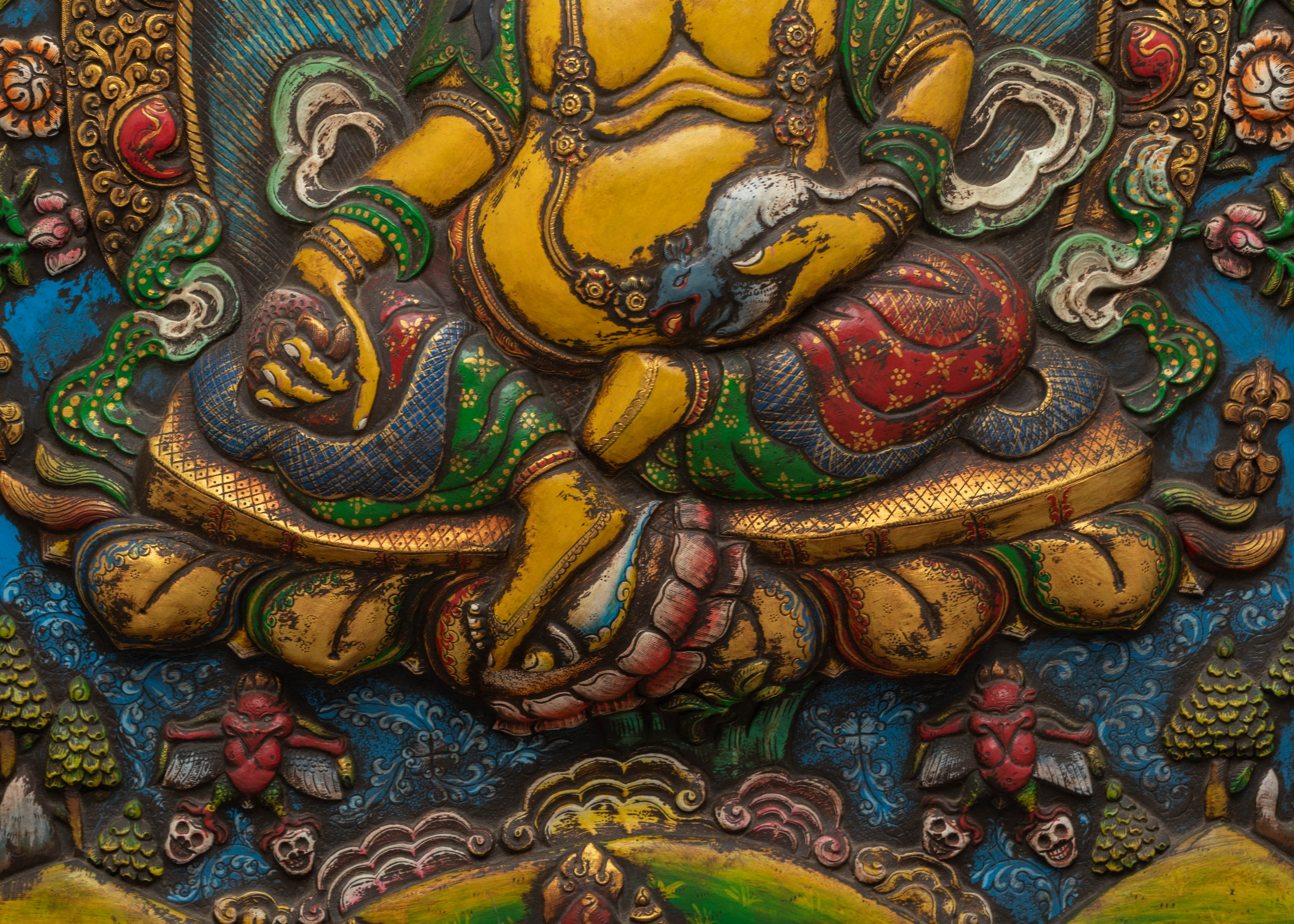 Sacred Yellow Dzambhala Wall Hanging | Tibetan Copper Art for Prosperity
