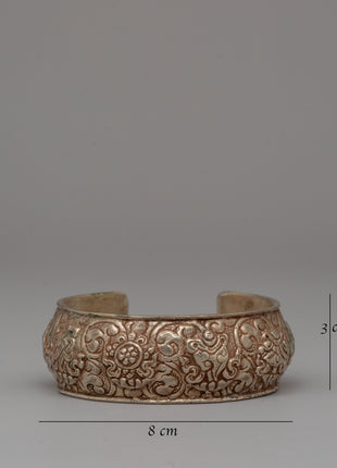 Ornate White Metal Bracelet | Tibetan Bangle for Everyday Wear