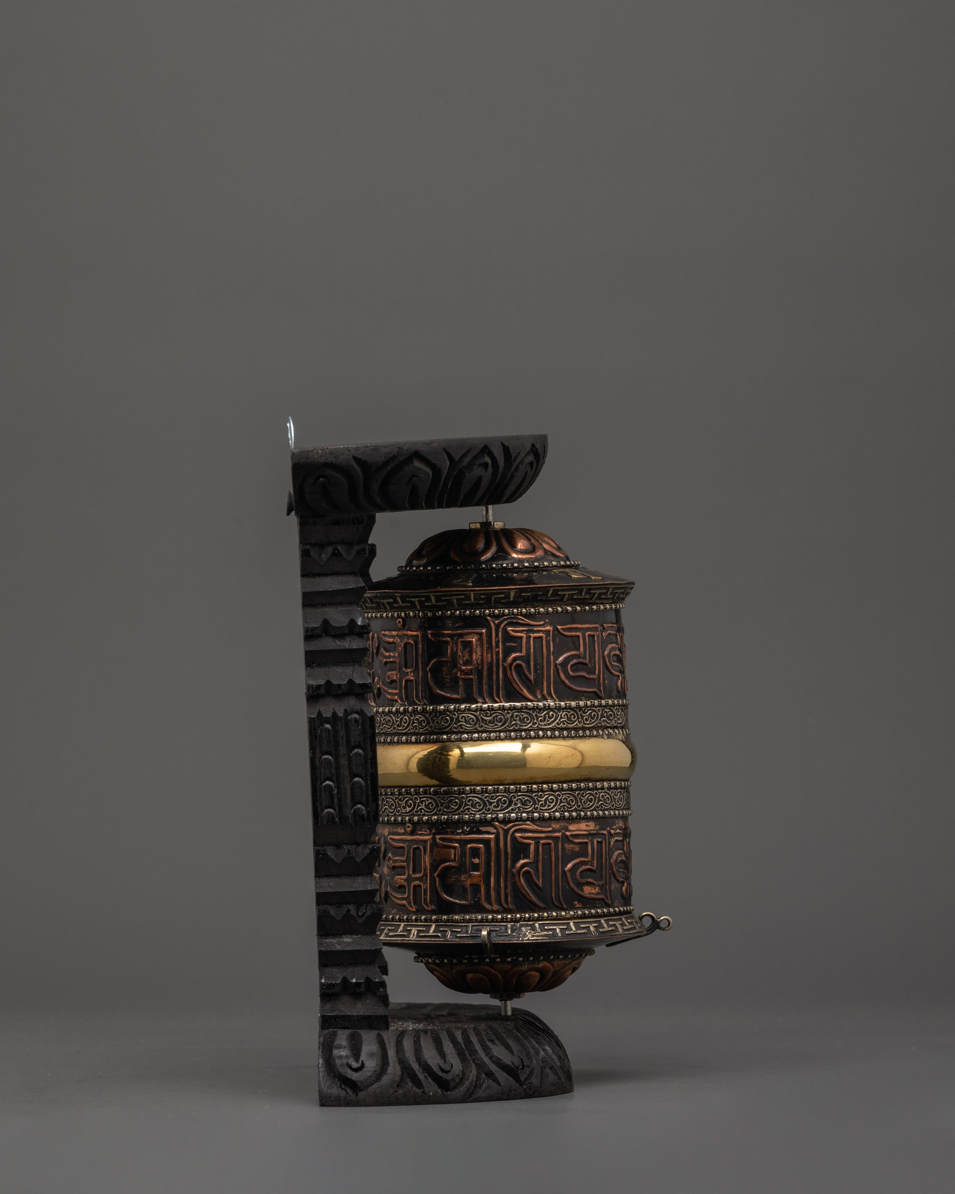 Sacred Wooden Framed Prayer Wheel | Copper and Brass Tibetan Mantra Wheel