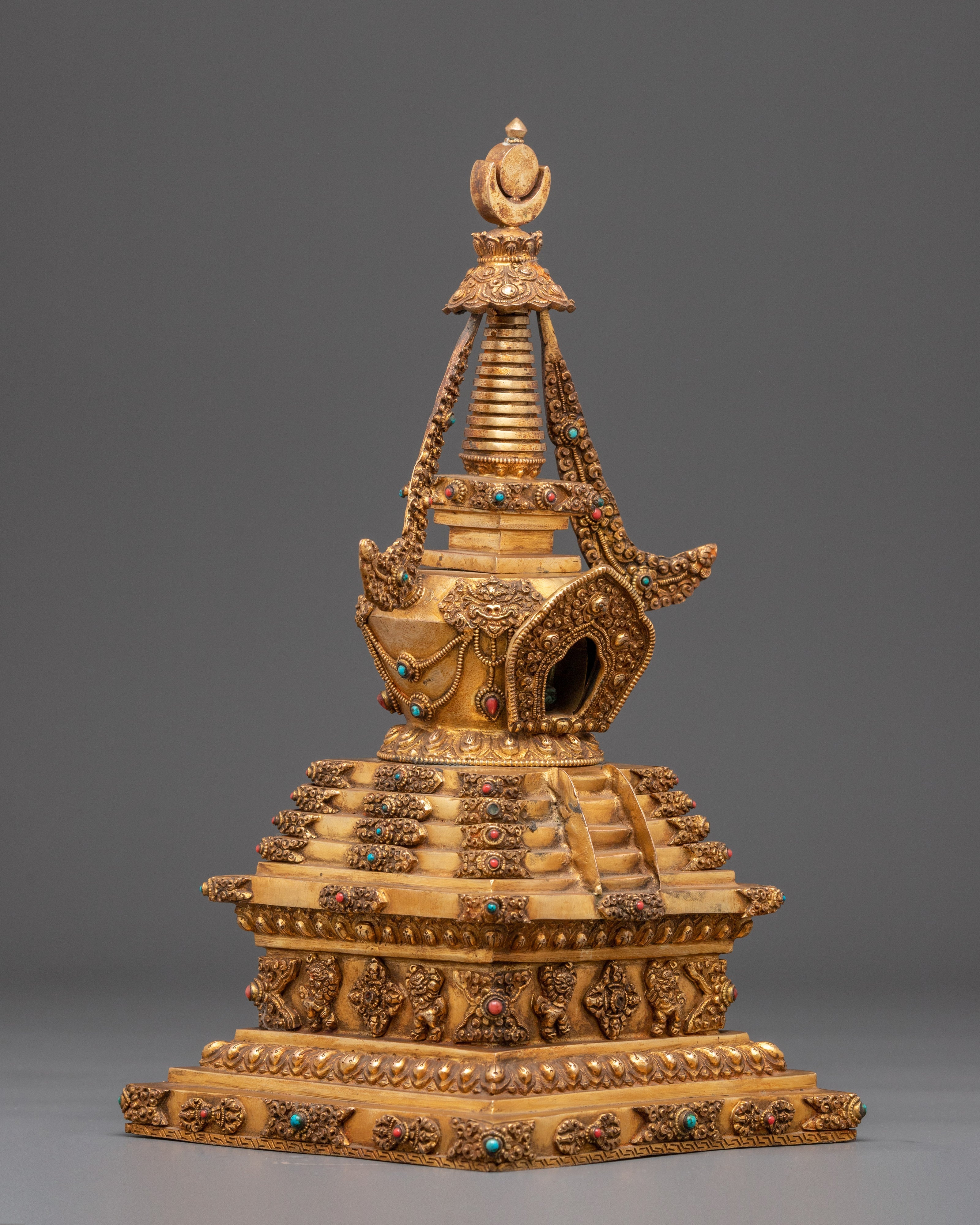 Sacred Buddhist Altar Stupa | Gold Plated Tibetan Shrine Decor
