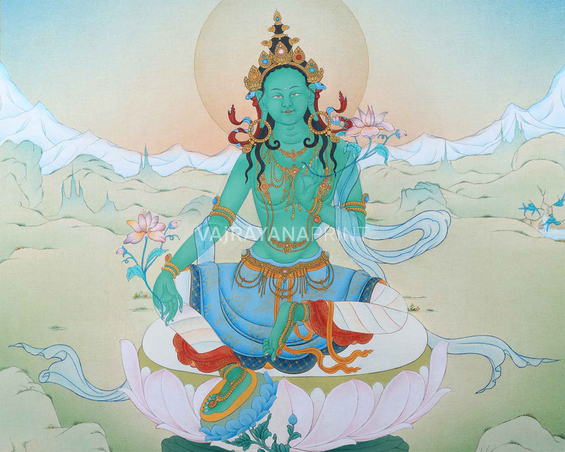 Mother Green Tara Thangka Print | Goddess of Compassion | Tibetan Buddhist Artwork