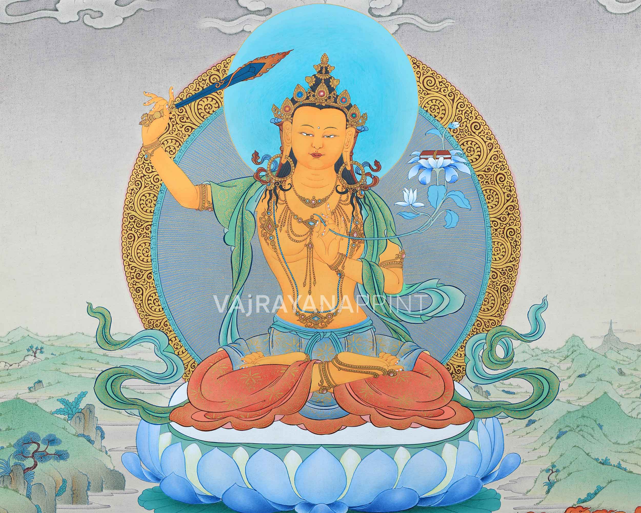 Buddhist Art: The Manjushri Thangka Print | Marvelous Manjushree Wall Decor | Tibetan Buddhism Art