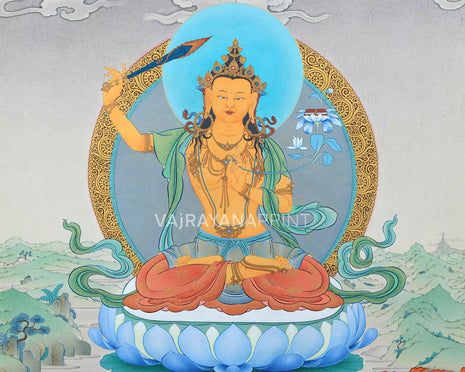 Buddhist Art: The Manjushri Thangka Print | Marvelous Manjushree Wall Decor | Tibetan Buddhism Art