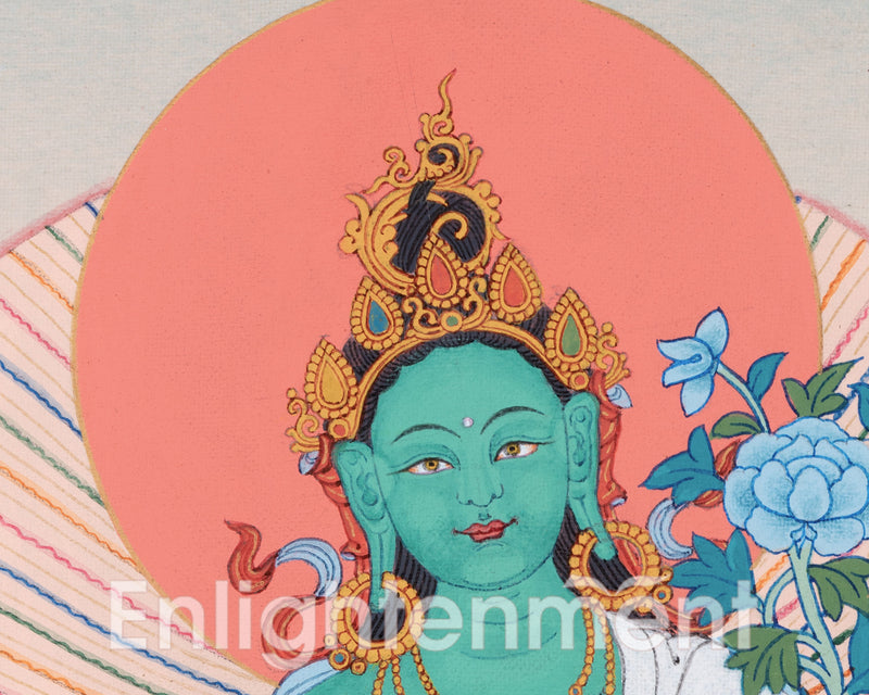 Hand Painted Thangka Of Green Tara | Traditional Tibetan Art Symbolizing Compassion and Swift Aid