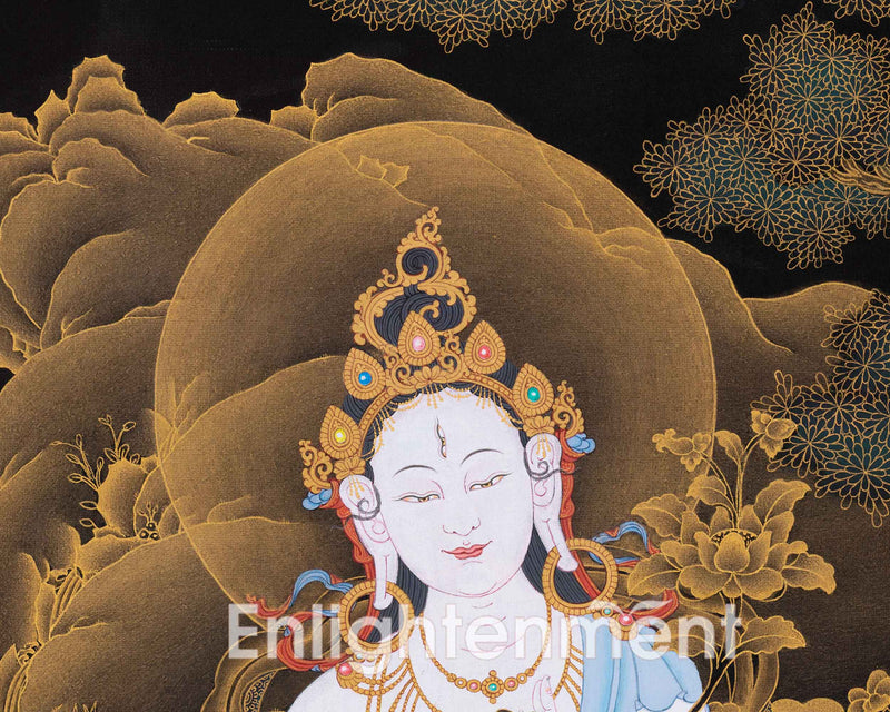 White Tara Thangka Tapestry for Devotional Spaces | Female Buddha Wall Whanging for Decor